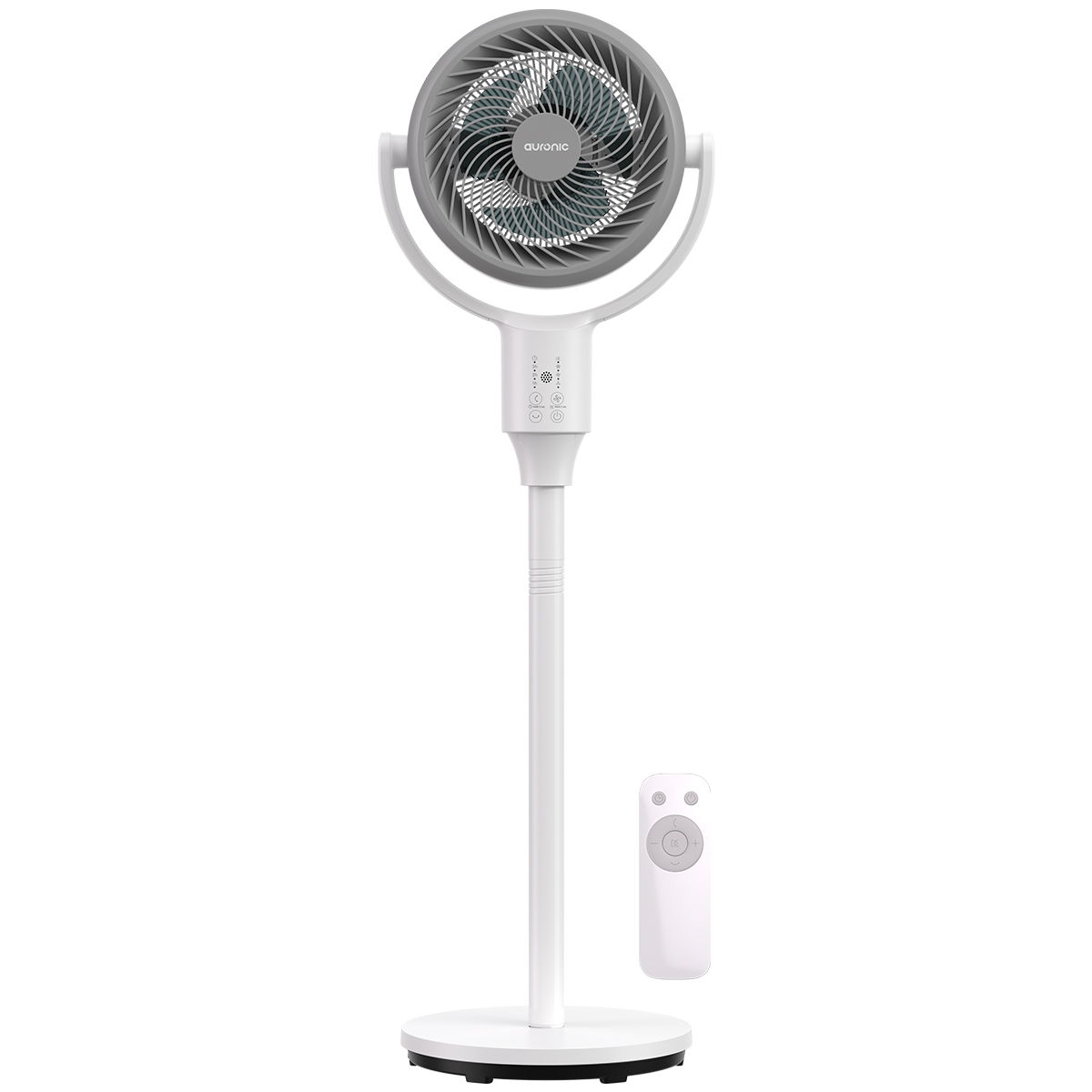 Weiß-grauer Turmventilator. Er hat einen runden Lüfterkopf und eine Fernbedienung.