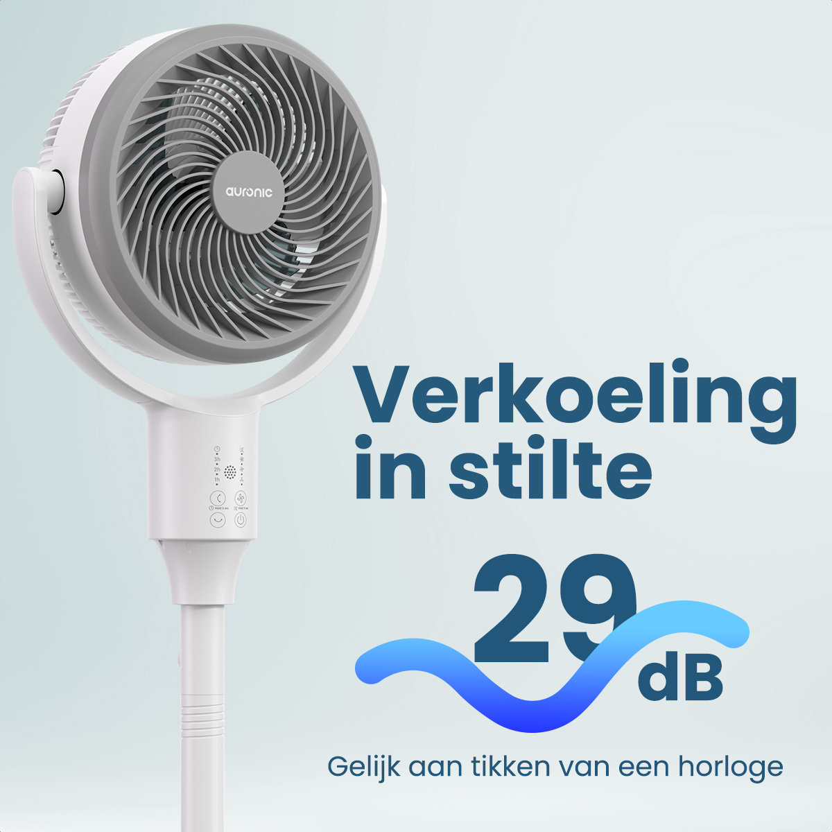 Weißer Turmventilator mit gebogenen Flügeln. Text sagt 'Kühlung in Stille' und zeigt 29 dB.