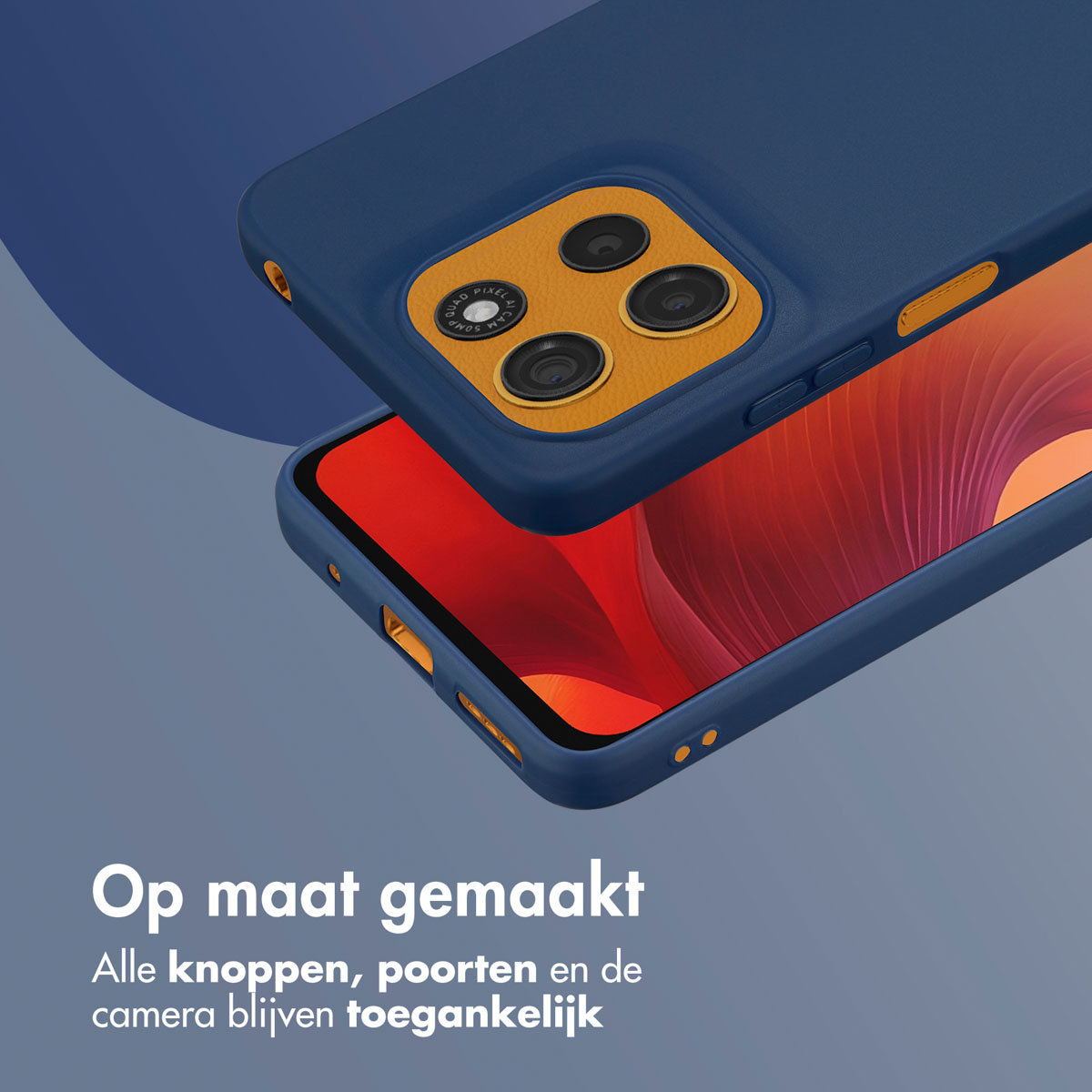 Custodia blu per telefono e telefono. La custodia mostra un rigonfiamento della fotocamera giallo. La custodia è fatta su misura.