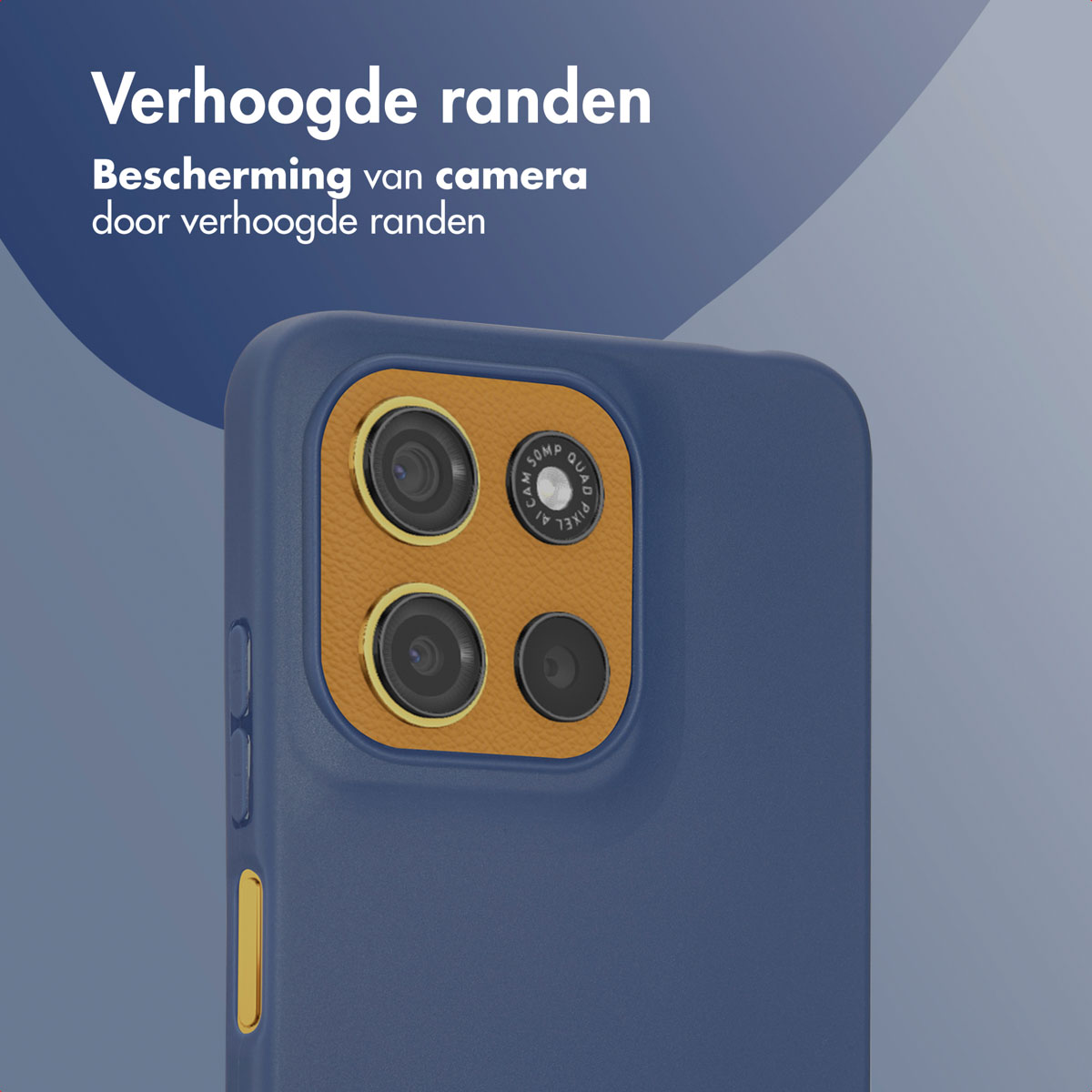 Primo piano di una custodia blu per telefono con zona fotocamera arancione. Testo: Verhoogde randen.