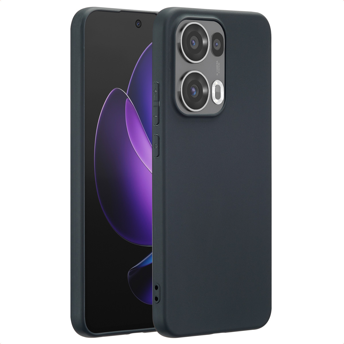 Téléphone sombre avec étui. Le téléphone affiche du violet. L'étui a un module caméra.