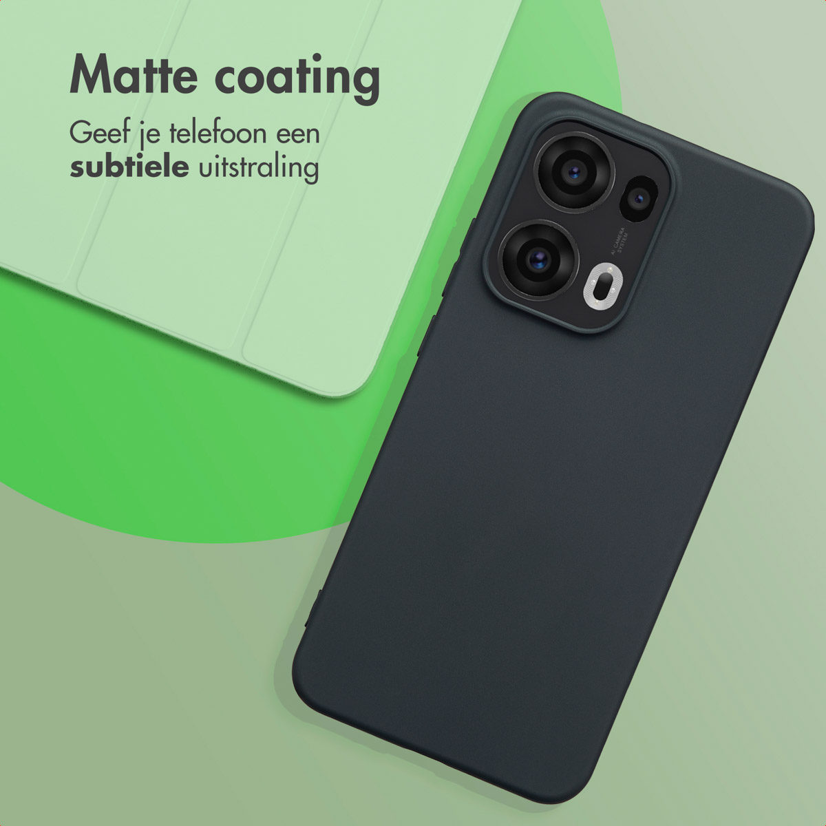 Coque de téléphone sombre sur fond vert. Texte : Revêtement mat.
