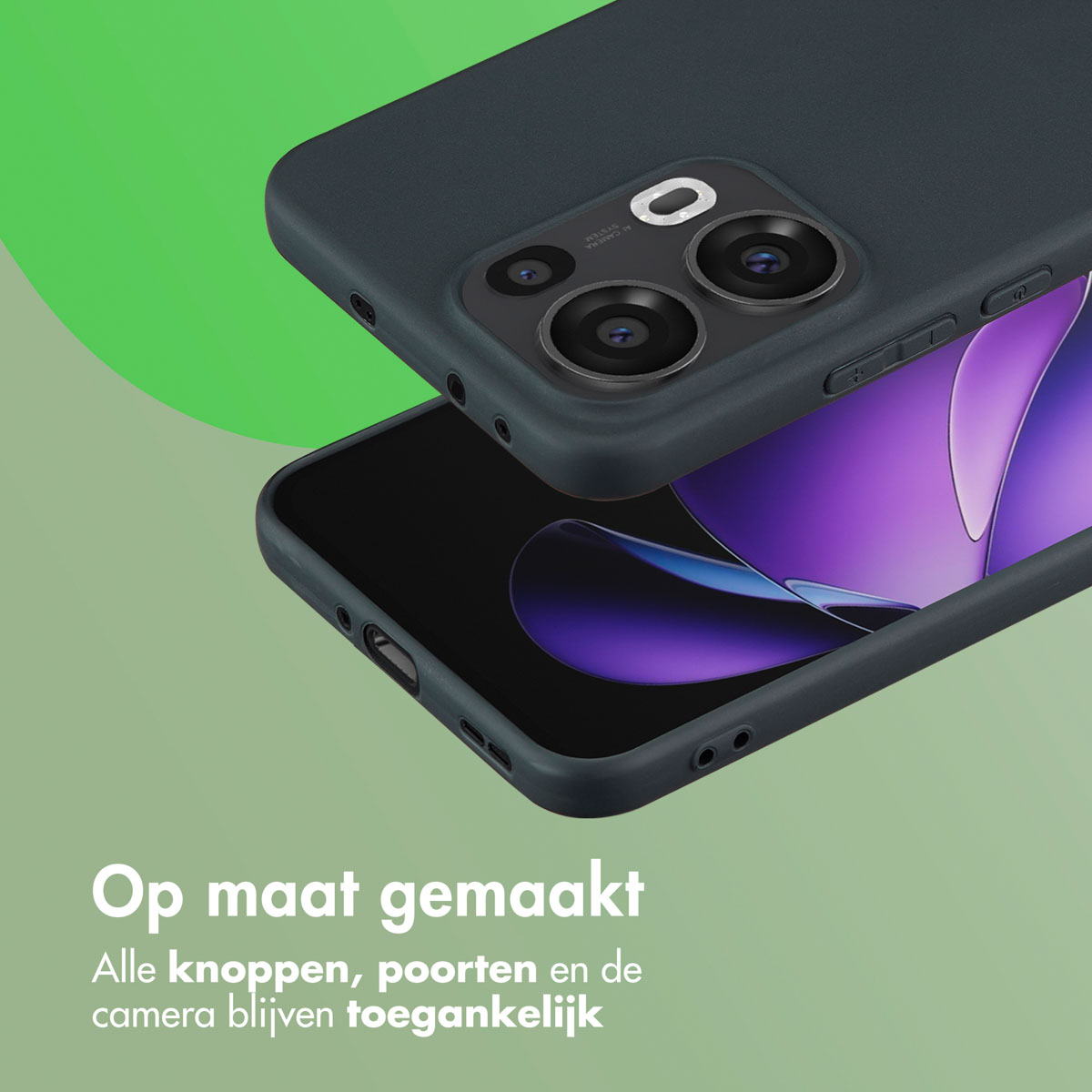 Coque de téléphone avec téléphone bleu foncé. Texte : Fabriqué sur mesure.