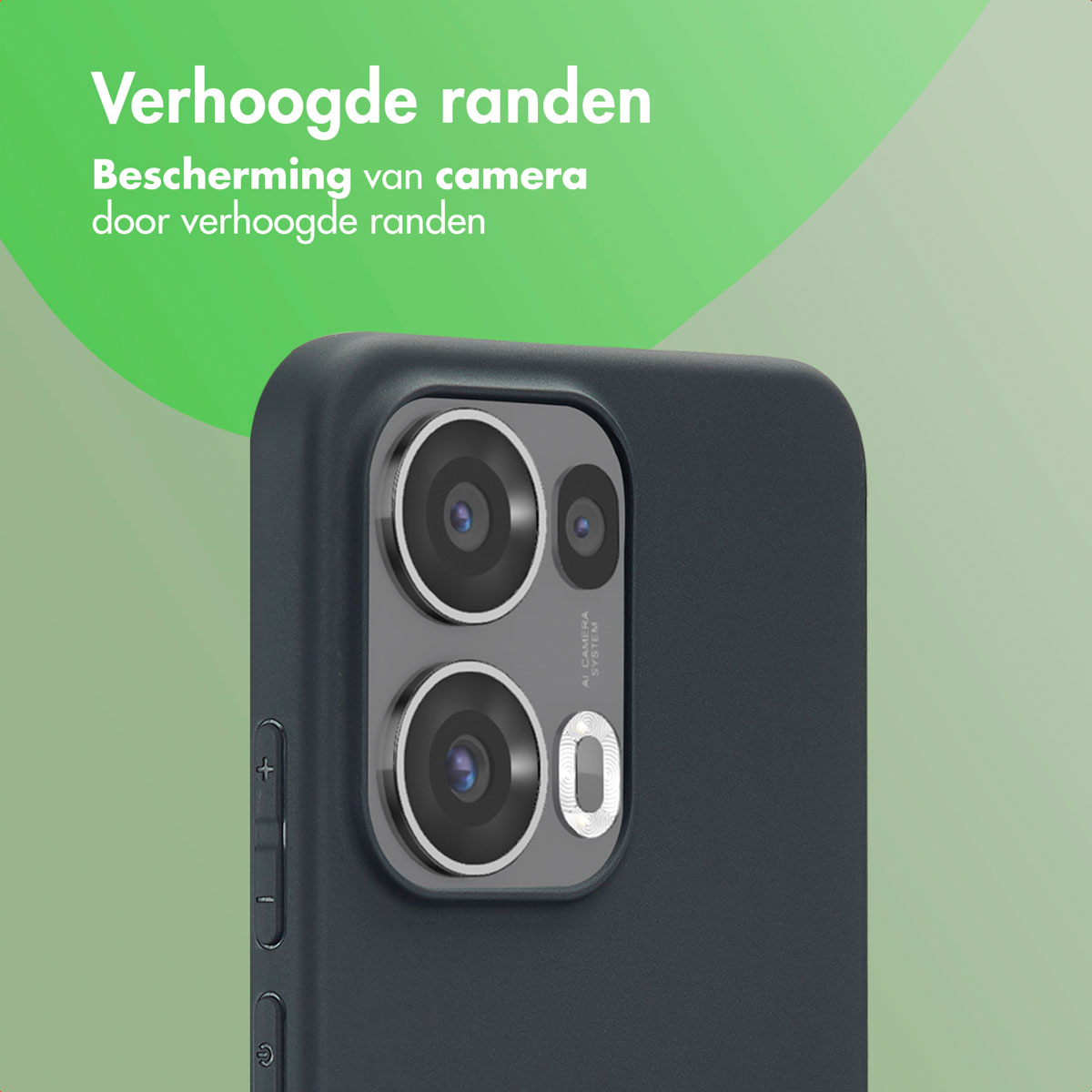Coque de téléphone bleue avec module caméra. Texte : Bords surélevés.