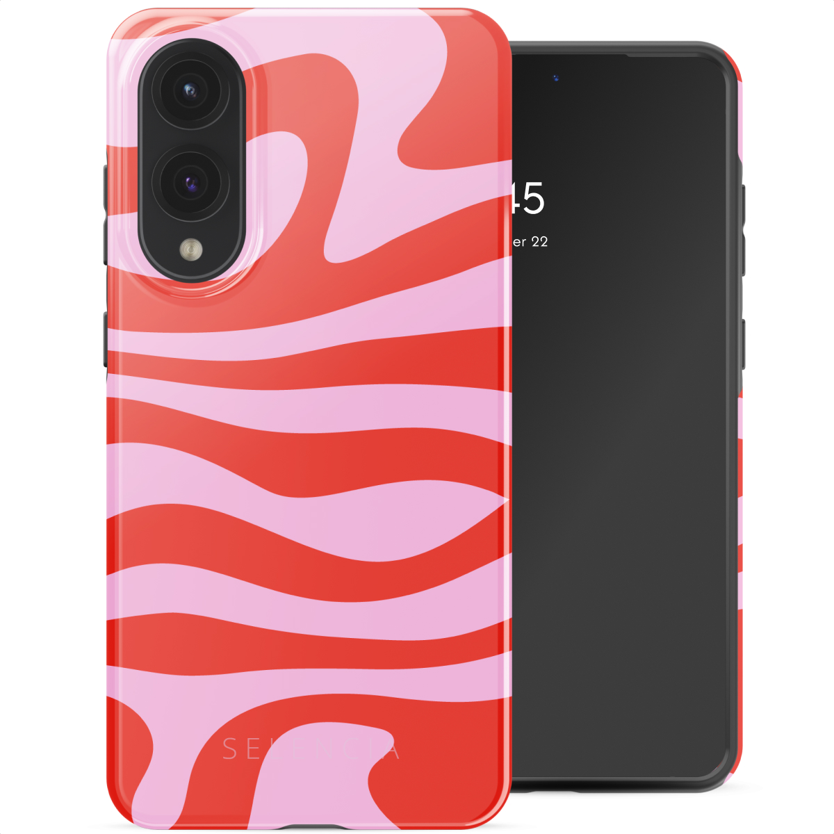 Telefono e custodia. La custodia è a design ondulato rosso e rosa. Il telefono è nero.