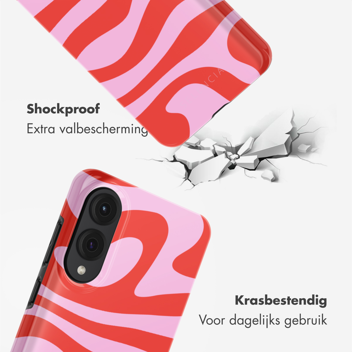 Custodia per telefono con design rosso e rosa, superficie rotta. Testo: Antishock.
