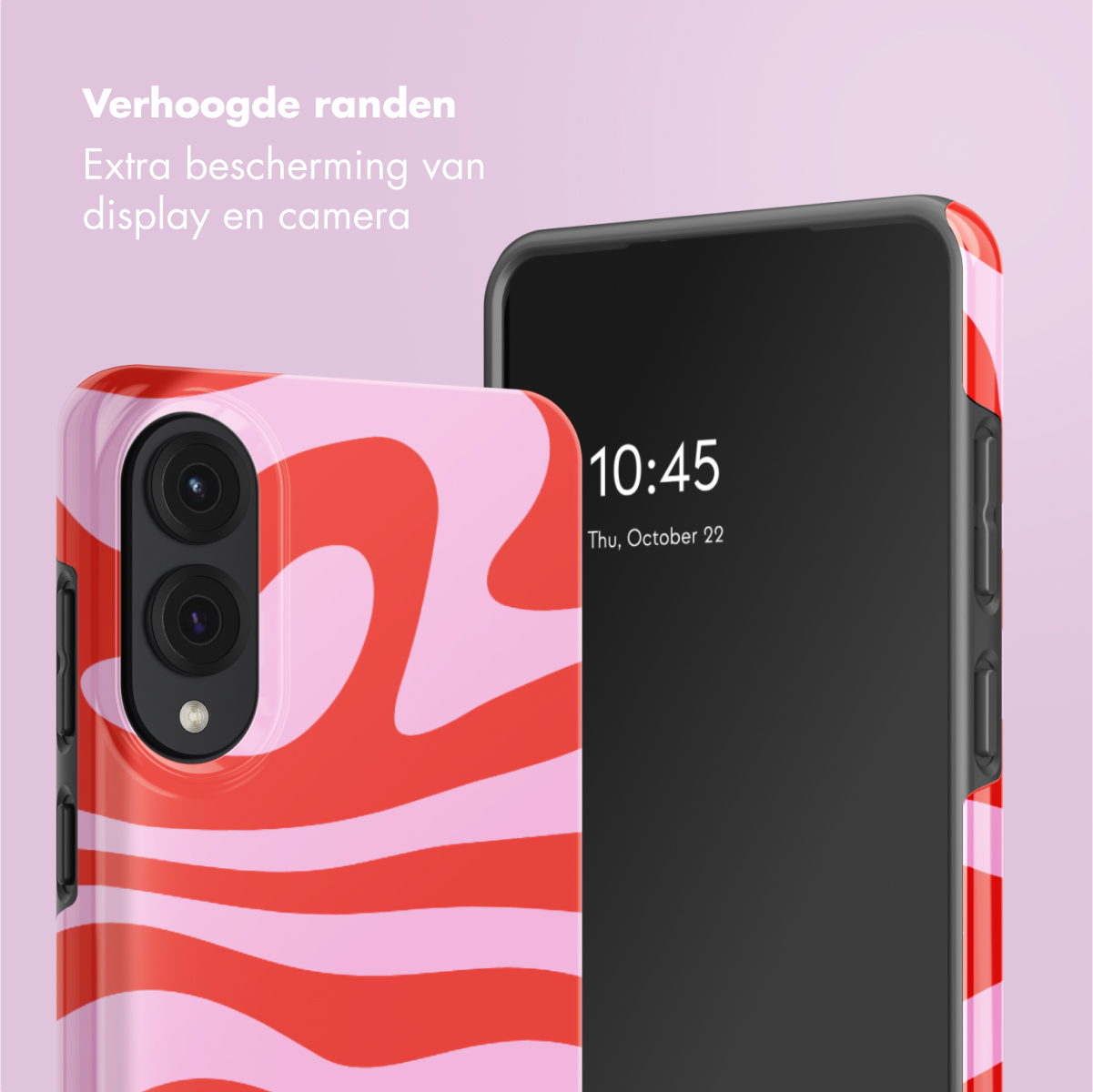 Telefono con custodia a onde rosse e rosa. La custodia protegge lo schermo e la fotocamera.