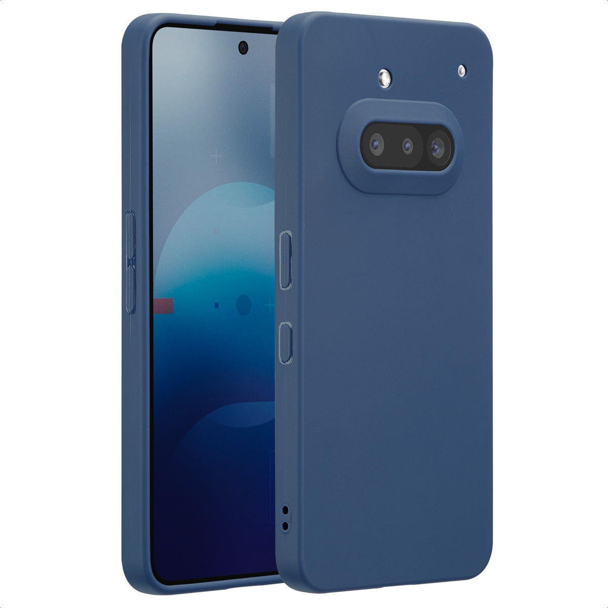 Telefoon in een blauwe hoes met een cameramodule. Zijknoppen zijn zichtbaar.