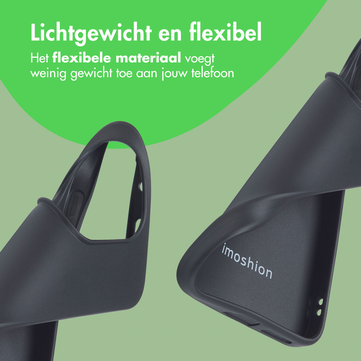 Deux parties d'une coque de téléphone gris foncé. La coque est flexible et montre l'intérieur avec imoshion.
