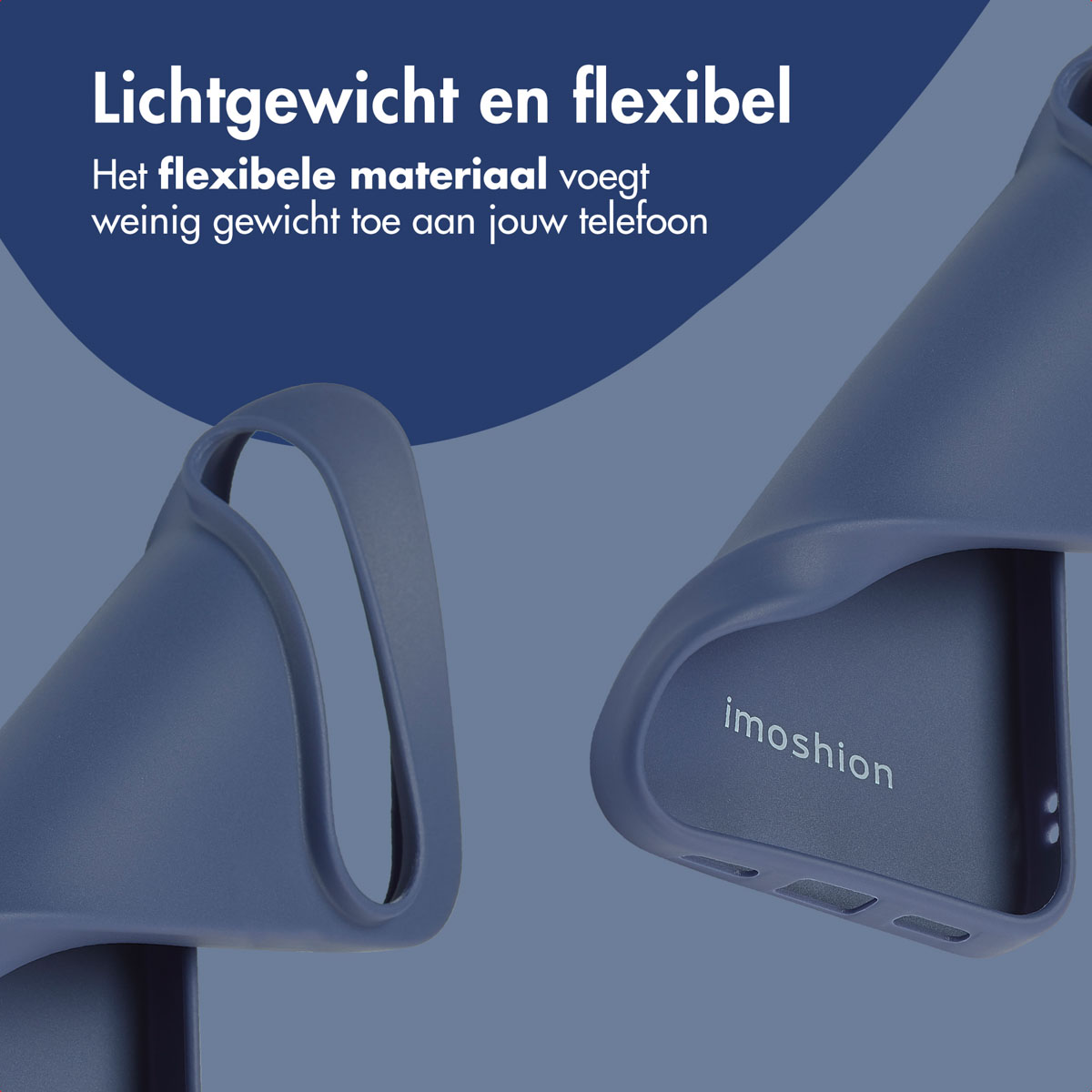 Twee delen van een donkerblauwe telefoonhoes. De hoes is flexibel en toont de binnenkant met imoshion.