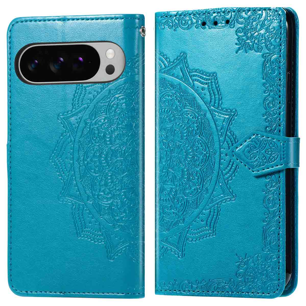 Custodia per telefono blu, con un motivo floreale dettagliato. Vista chiusa e aperta.