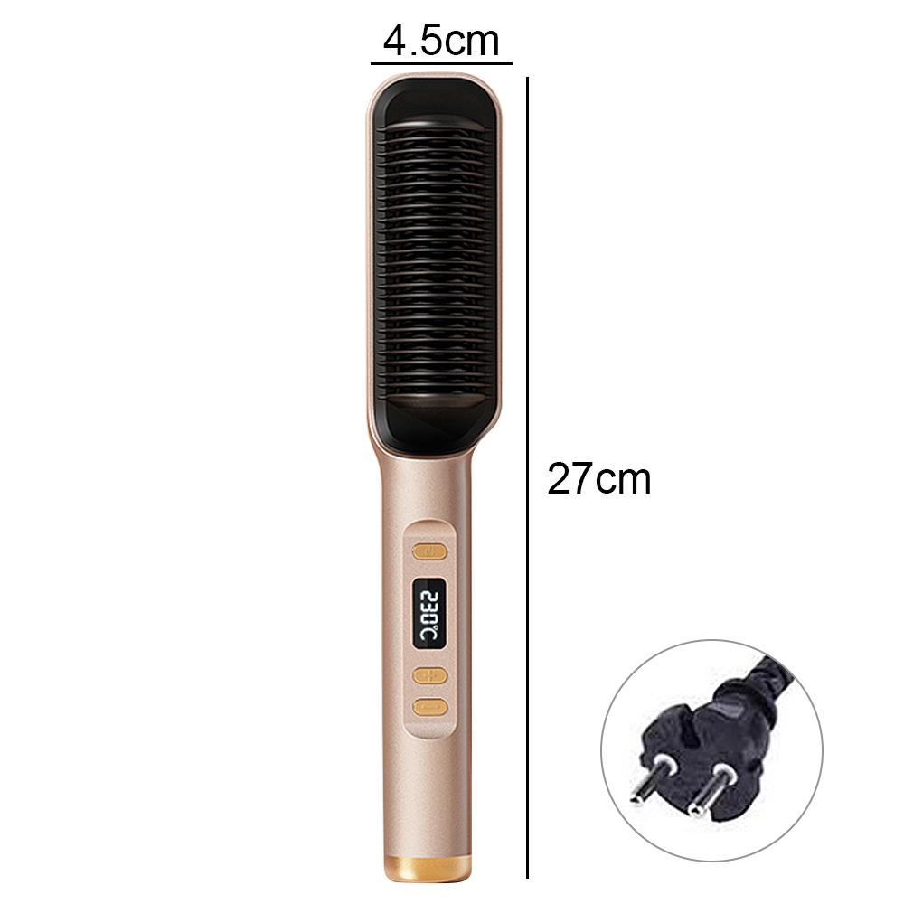 Ein goldfarbener Haarglättungskamm mit Maßen und Stecker.
