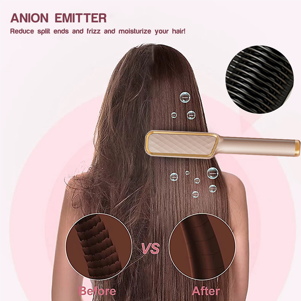 Frau mit langen braunen Haaren. Das Bild zeigt Haare vor und nach der Verwendung einer Haarbürste.