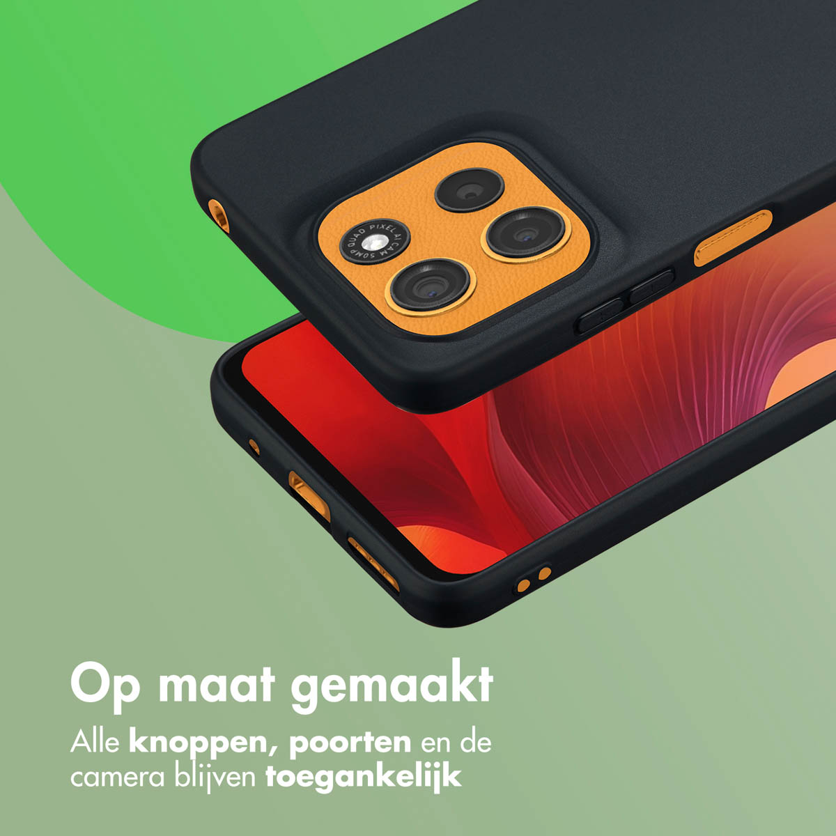 Un telefono con custodia nera, fotocamera e pulsanti. La custodia è personalizzata, tutte le porte sono accessibili.