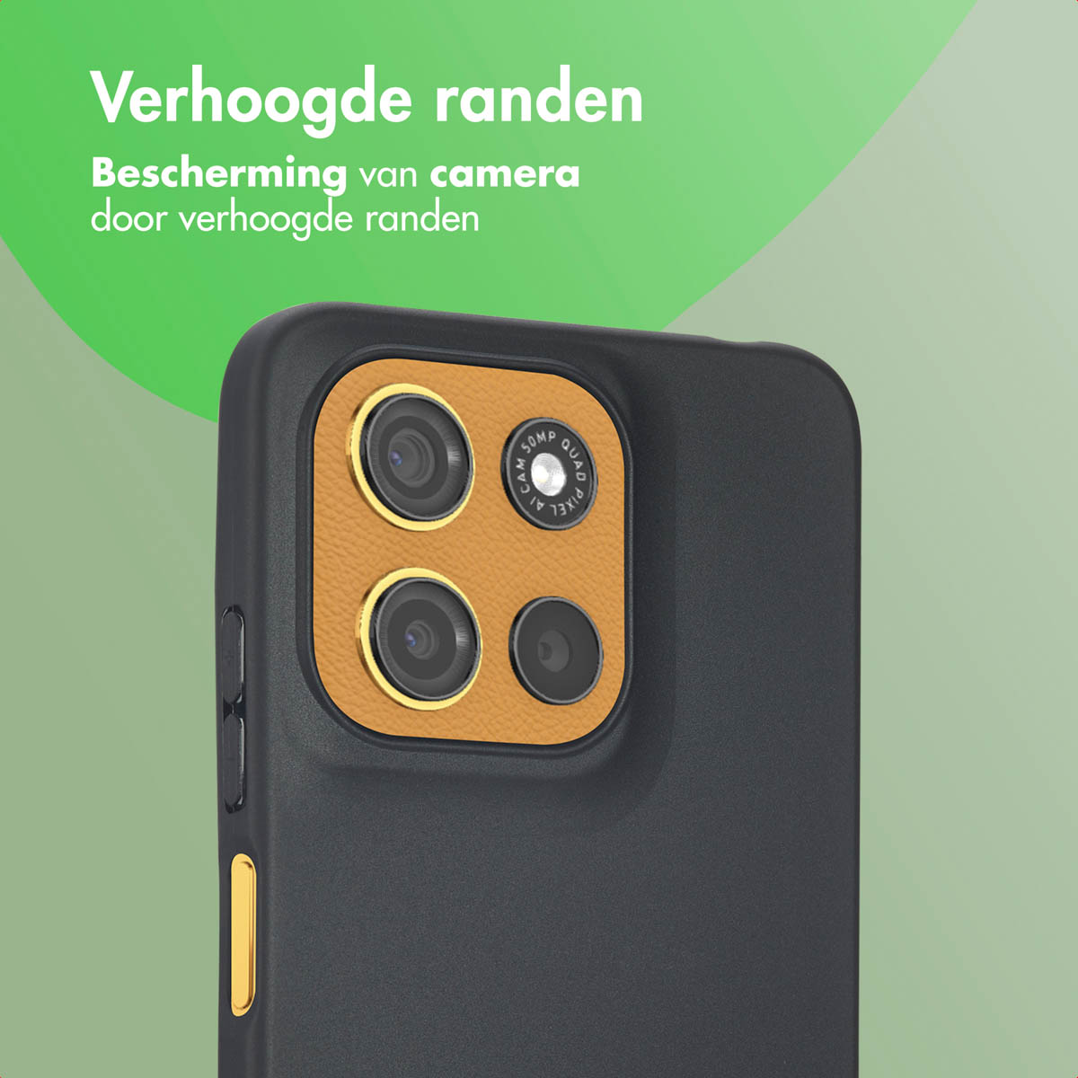 Primo piano di una custodia per telefono, con esterno nero e anello della fotocamera arancione e bordi rialzati.