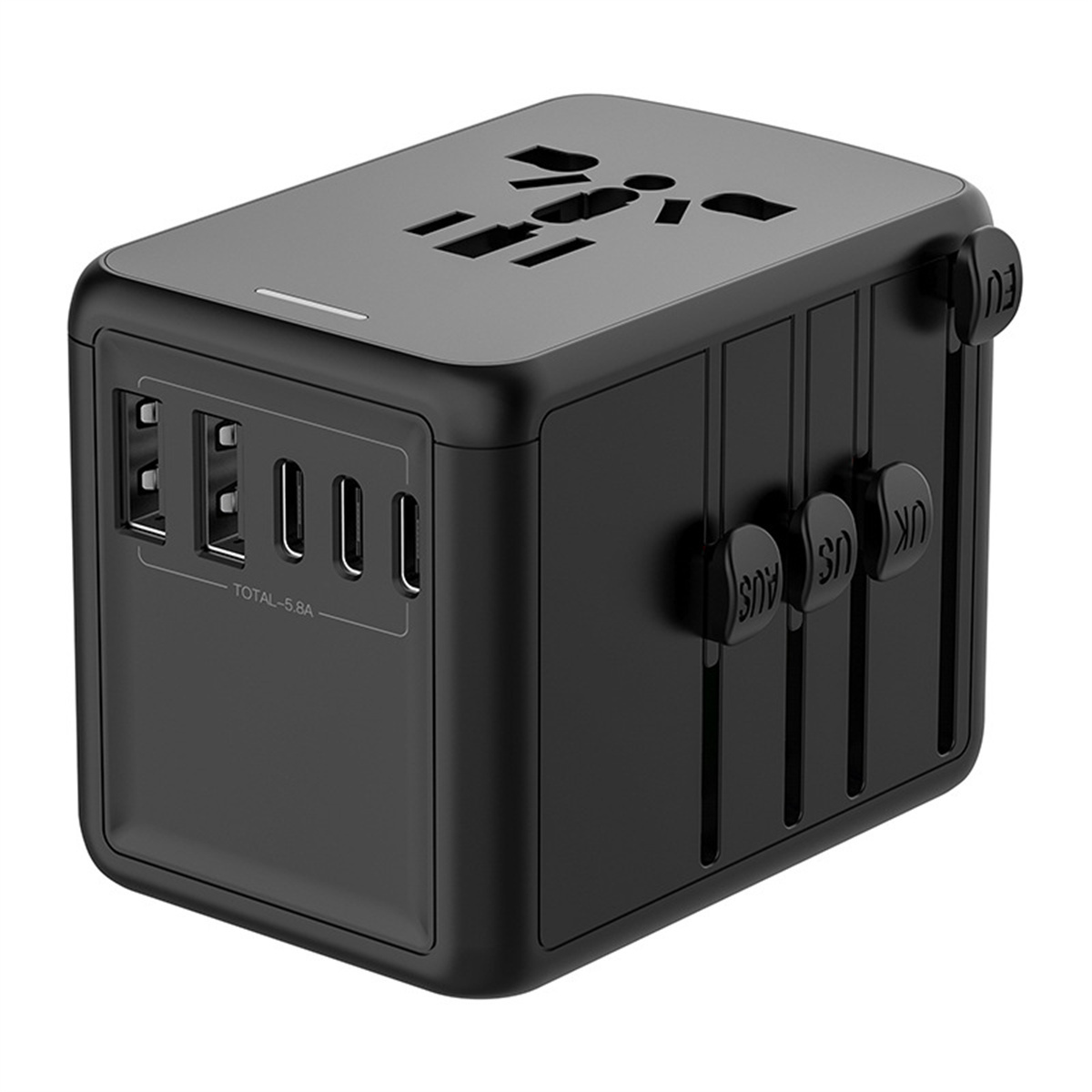Schwarzer Multi-Stecker-Adapter mit mehreren Steckertypen und USB-Anschlüssen auf weißem Hintergrund.