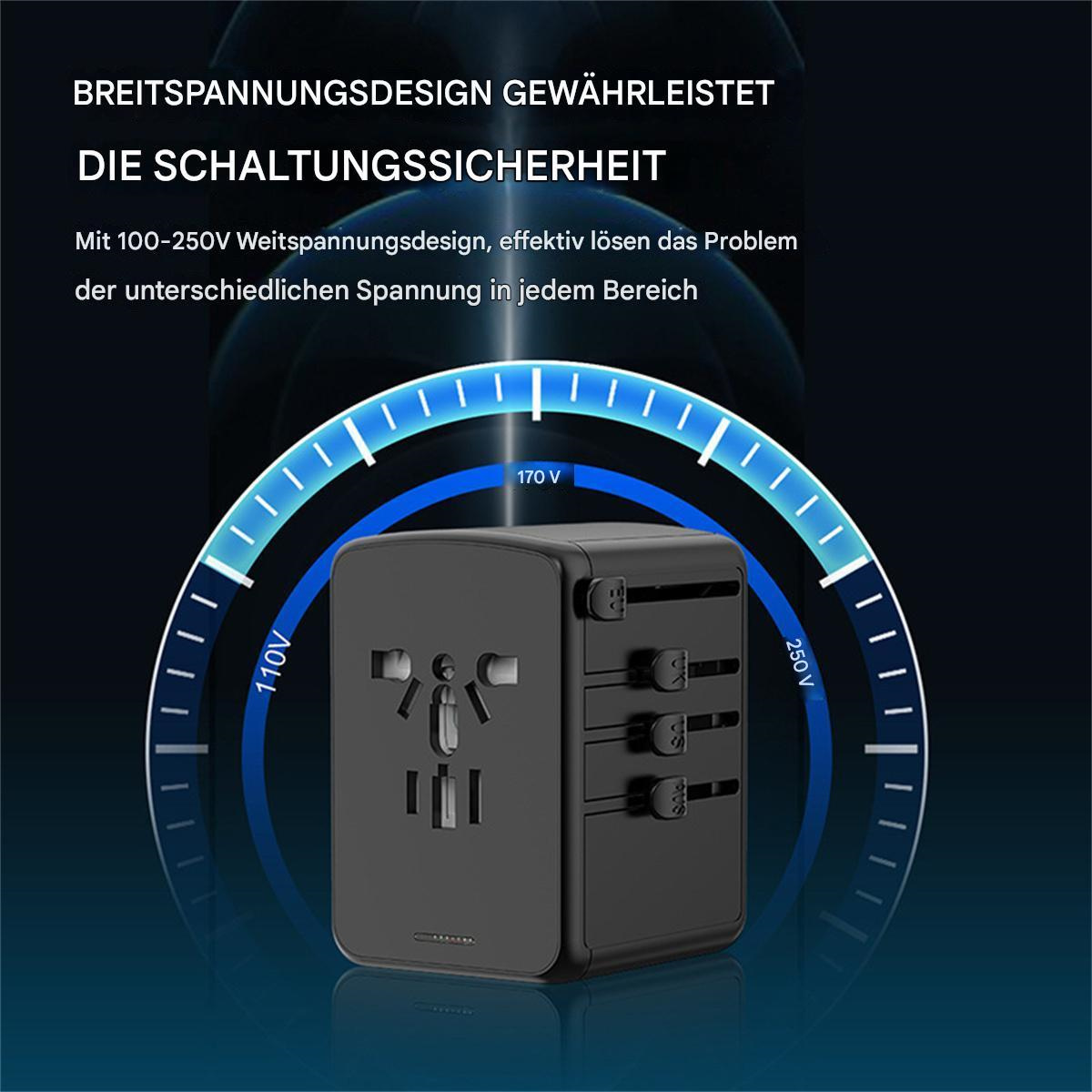 Ein schwarzer Universaladapter mit mehreren Steckoptionen, mit einer Spannungsbereichsgrafik im Hintergrund.