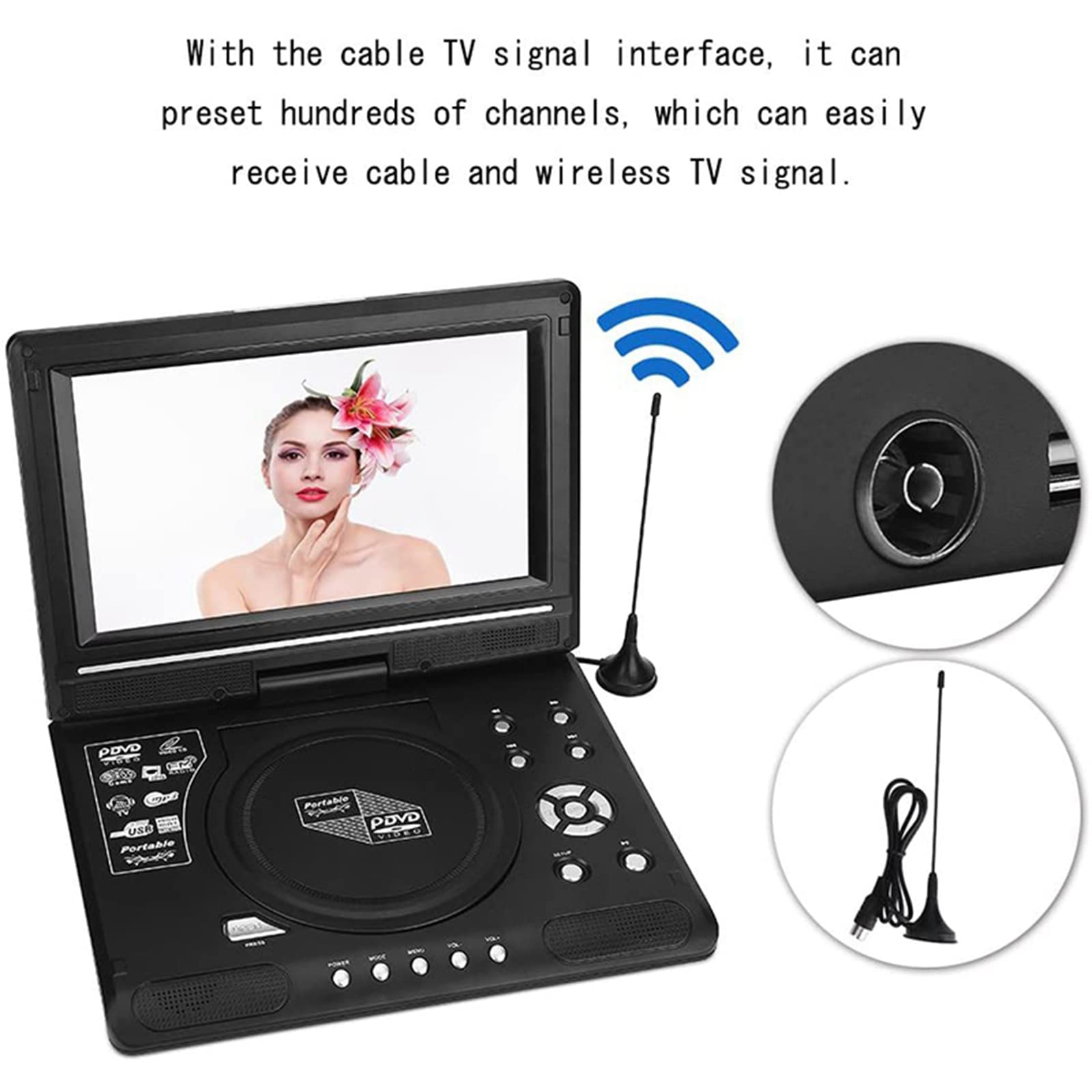 Ein schwarzer tragbarer DVD-Player, der eine Frau anzeigt, mit Antennen und Steuertasten auf dem Gerät.