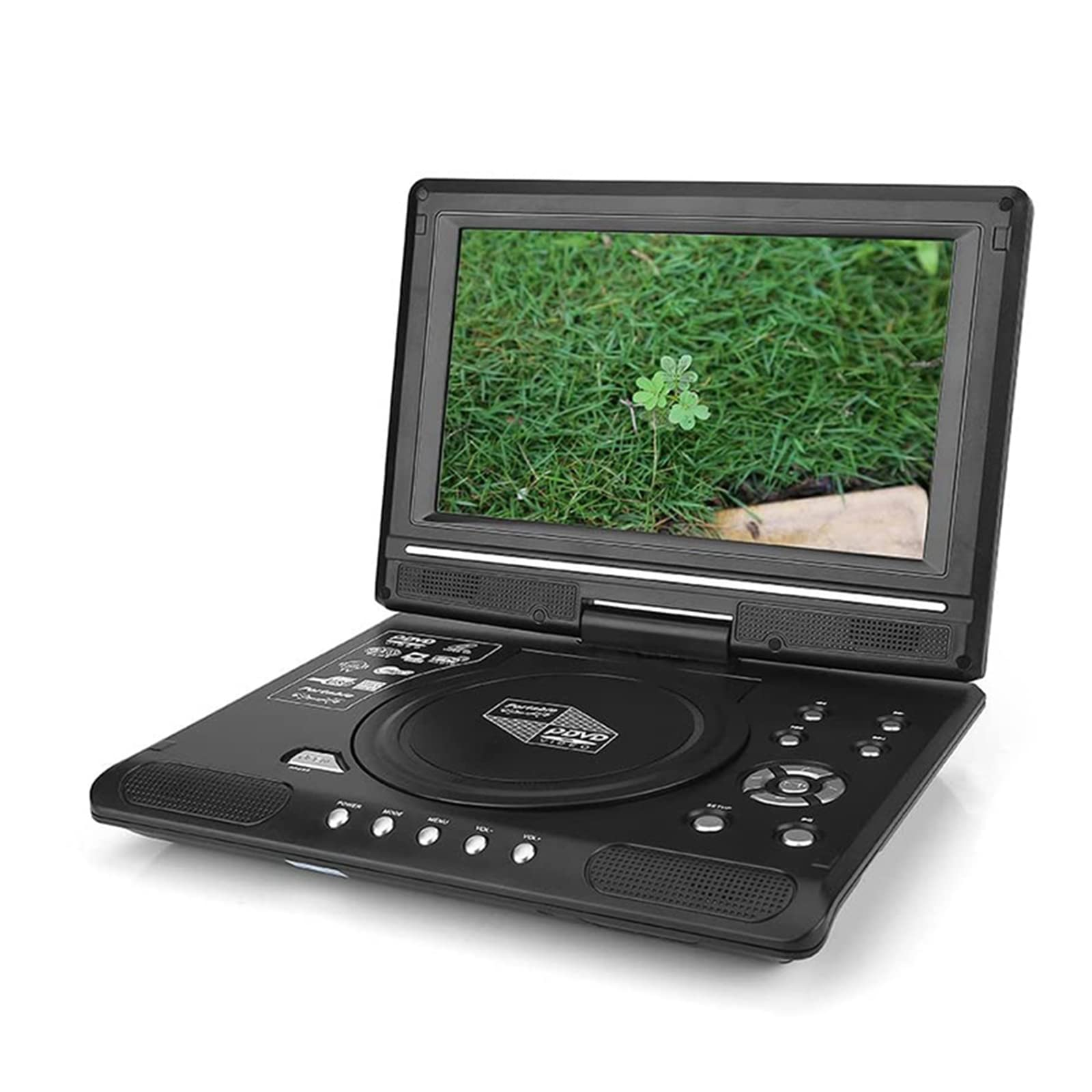 Ein schwarzer tragbarer DVD-Player, der eine grüne, grasbewachsene Szene anzeigt, mit Steuertasten und Lautsprecherbereichen.