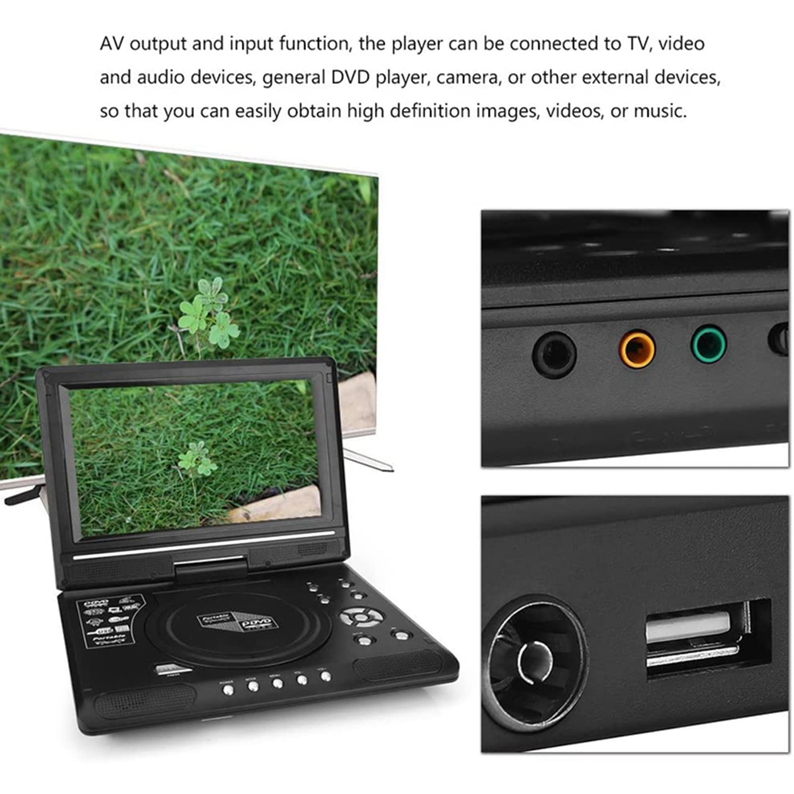 Tragbarer DVD-Player mit AV-Ausgängen. Der Bildschirm zeigt eine grasbewachsene Szene.