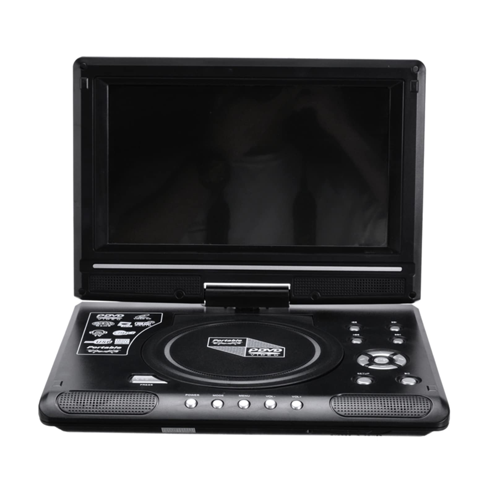 Ein schwarzer tragbarer DVD-Player, Bildschirm ist schwarz, mit Steuertasten und Lautsprecherbereichen auf dem Gerät sichtbar.