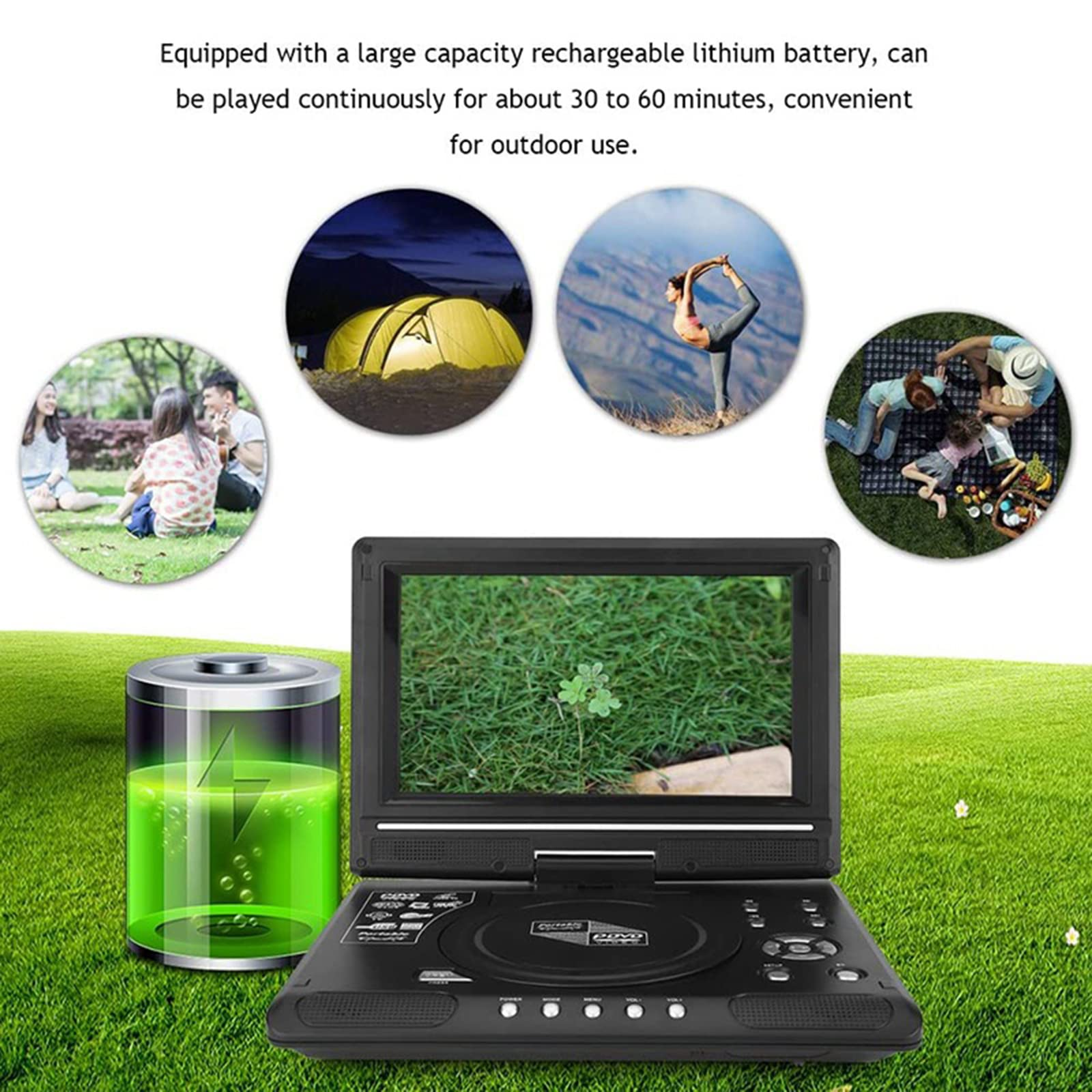 Ein schwarzer tragbarer DVD-Player mit verschiedenen Szenen: eine grüne Batterie, Menschen im Freien und Camping.