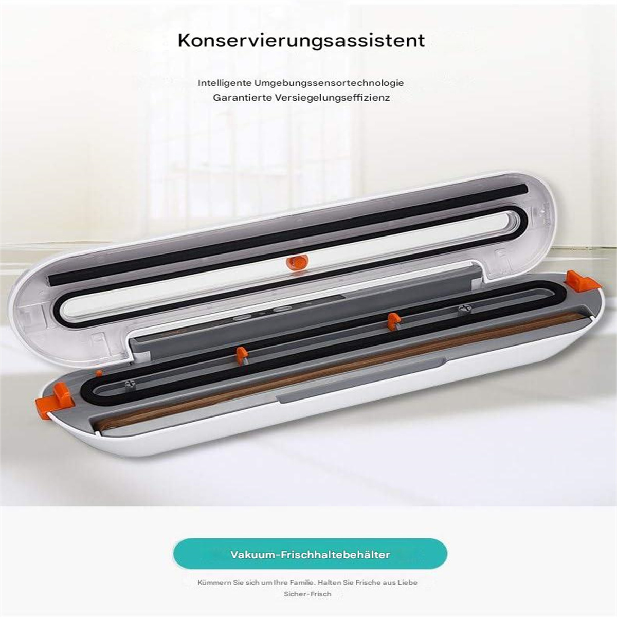 Ein Vakuumiergerät, das die inneren Komponenten mit orangefarbenen und grauen Teilen und die weiße Oberseite zeigt.