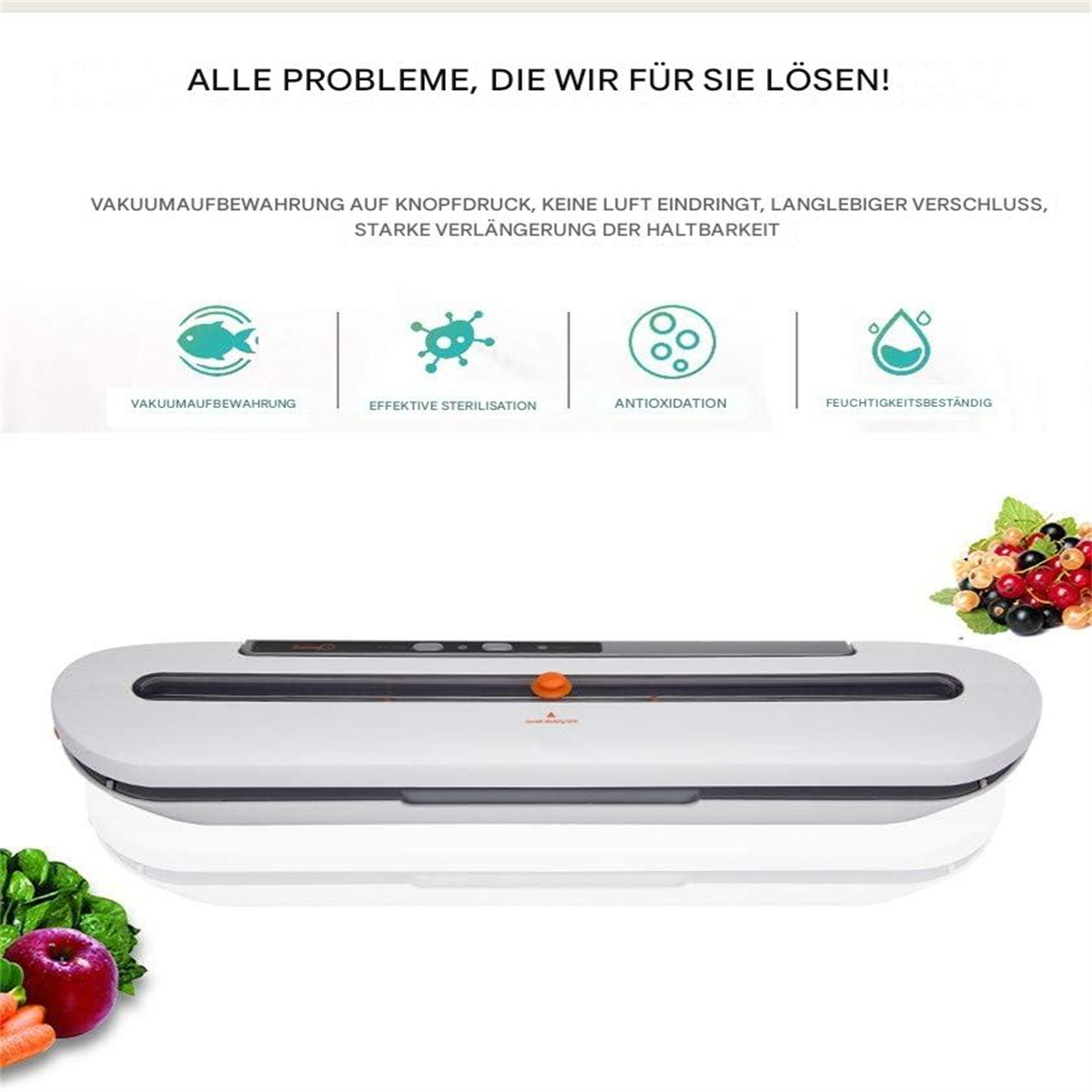 Ein Vakuumiergerät mit Symbolen für Vakuumversiegelung, Sterilisation und antioxidative Effekte, mit Obst und Gemüse.