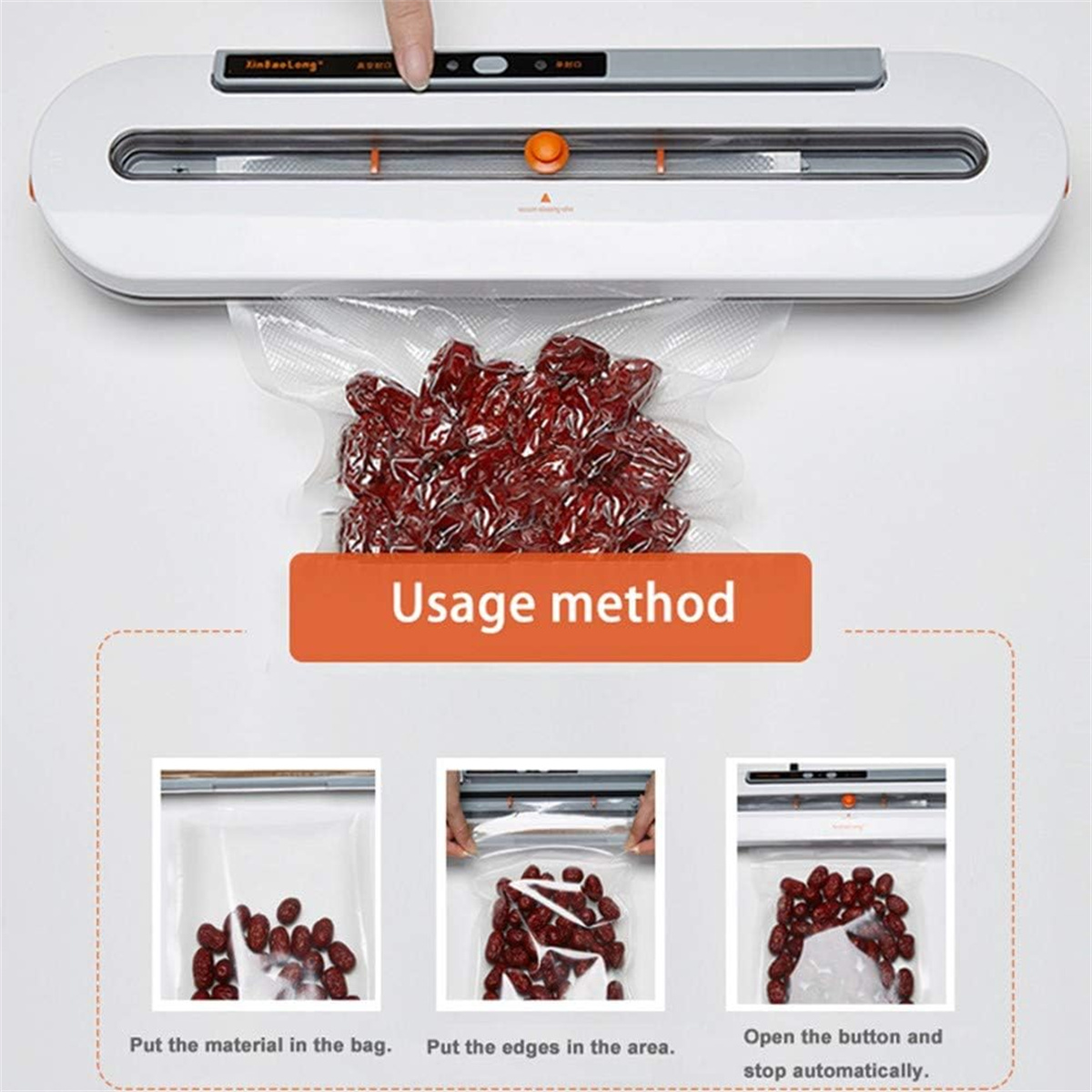 Ein Vakuumiergerät mit einem Beutel roter getrockneter Beeren, der versiegelt wird, zeigt die Verwendungsmethode in einem Diagramm.