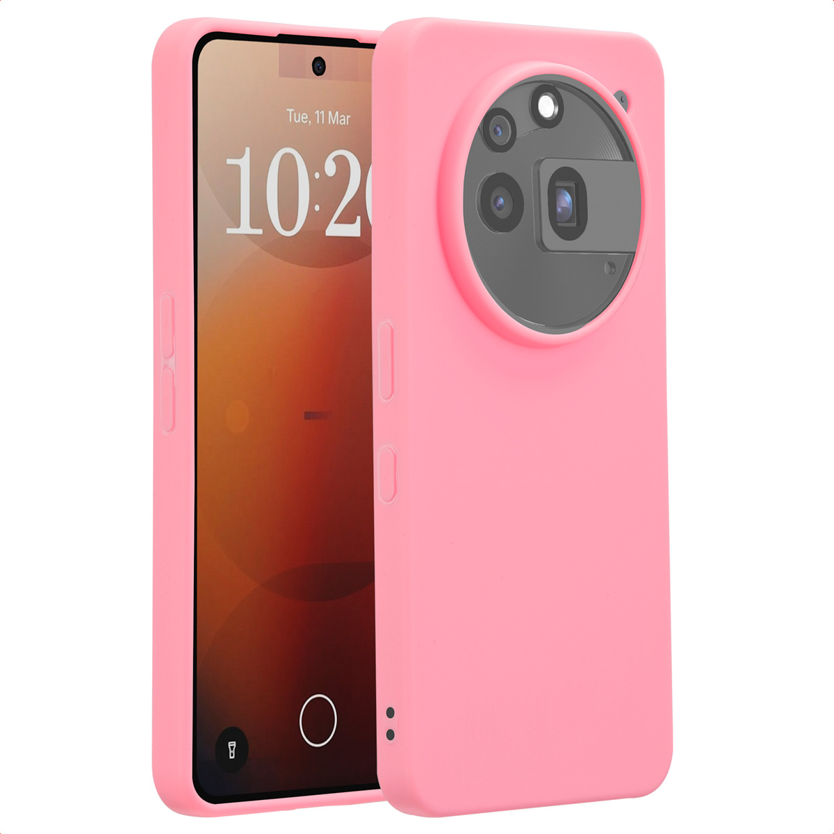 Roze telefoonhoesje met telefoon erin. De telefoon toont tijd en datum. Roze achtergrond.