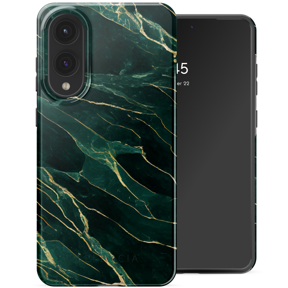 Custodia per telefono in marmo verde su un telefono nero. Il telefono mostra la data.