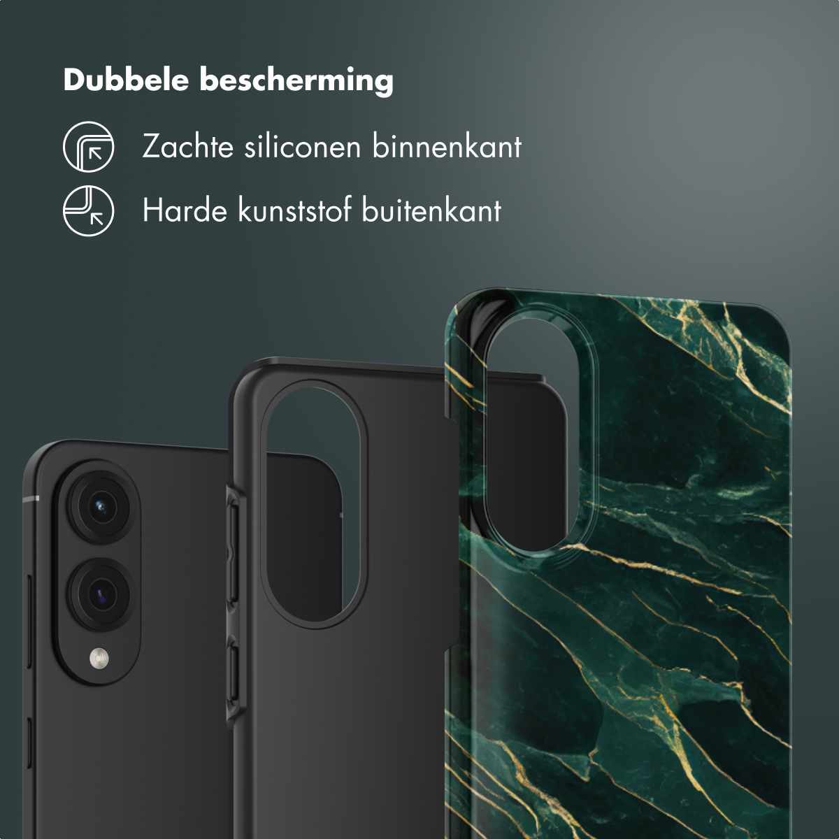 Tre custodie per telefono, che mostrano la doppia protezione. Le custodie sono nere, verdi e con motivo marmorizzato.