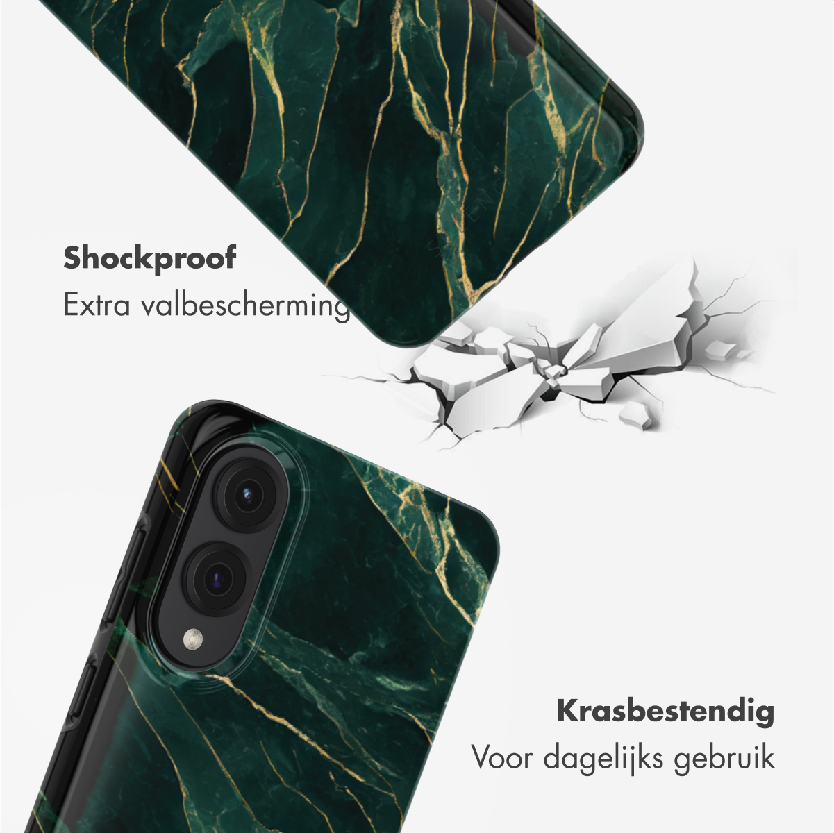 Custodia per telefono in marmo verde con effetto incrinato. Viene mostrata la custodia del telefono.