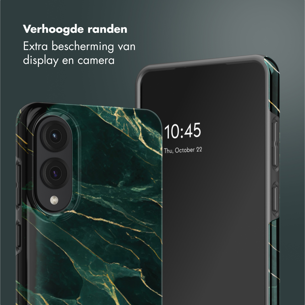 Telefono nero con custodia in marmo verde. Il telefono mostra l'ora.