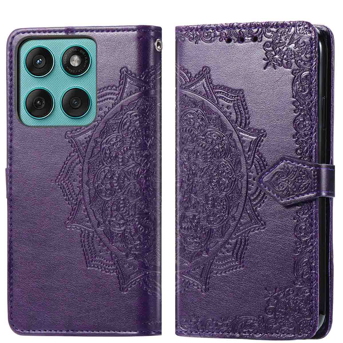 Portefeuille de téléphone violet fermé. Le portefeuille a un motif de mandala.