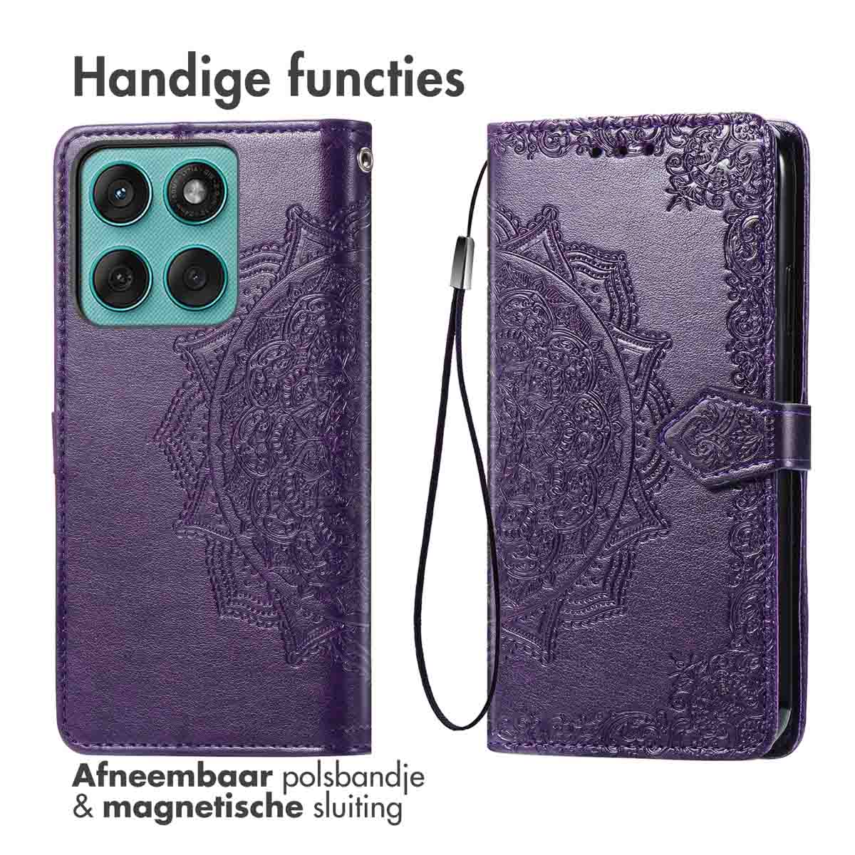 Portefeuille de téléphone violet avec un motif mandala. Comprend une dragonne amovible.