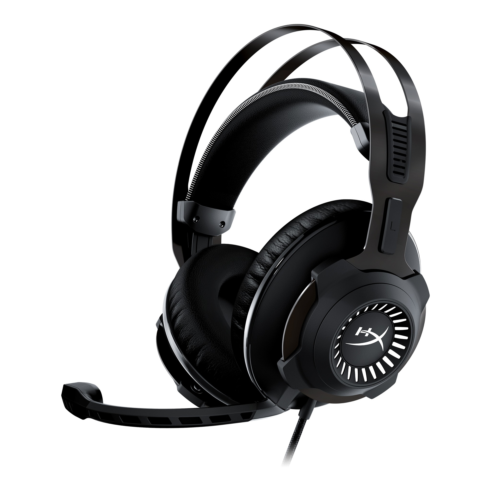 Schwarzes Gaming-Headset mit Mikrofon auf weißem Hintergrund.
