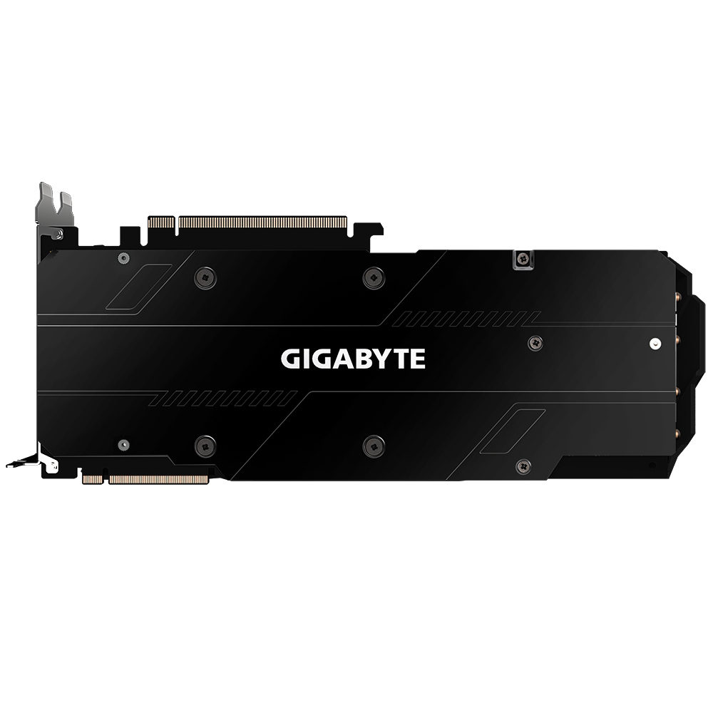 Rückseite einer schwarzen Grafikkarte mit Gigabyte-Logo.