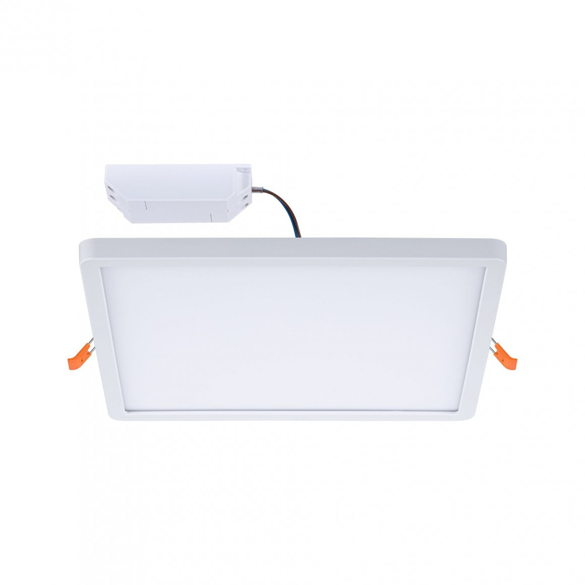 Weißes, rechteckiges LED-Panel mit orangefarbenen Clips, an einer weißen Box mit schwarzem Kabel befestigt.