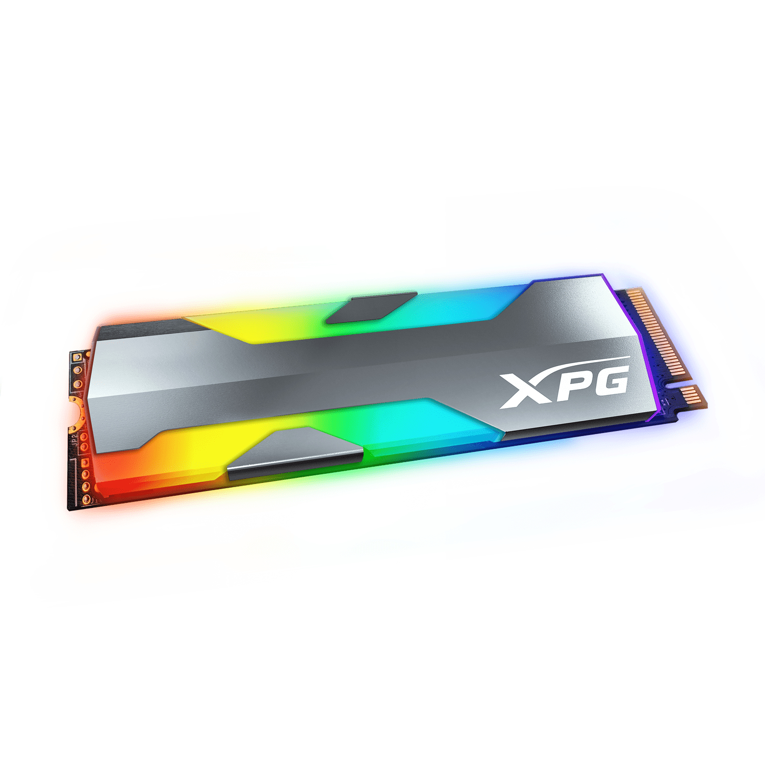 Srebrny dysk SSD XPG z tęczowymi światłami LED.