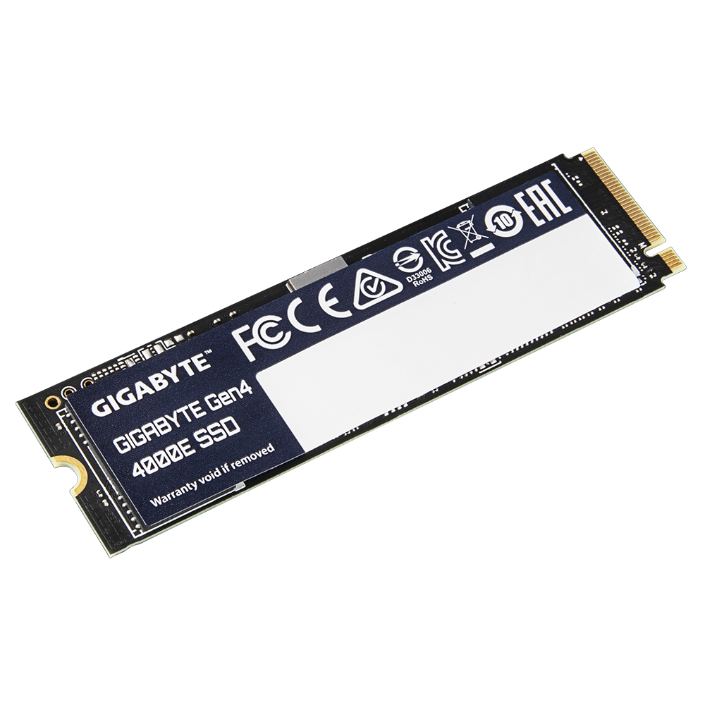 Czarny dysk SSD Gigabyte Gen4 4000E z białą etykietą.