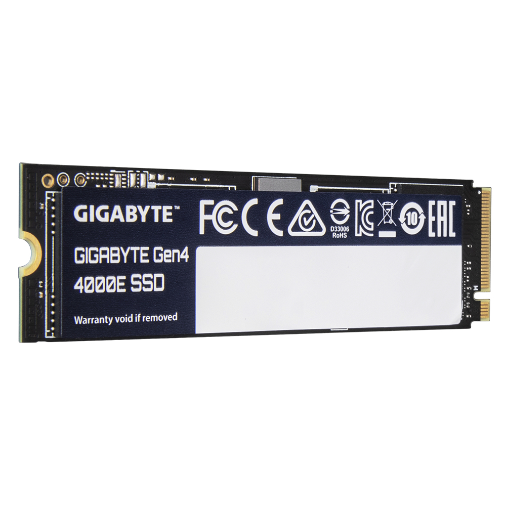 Czarny dysk SSD Gigabyte Gen4 4000E z białą etykietą.