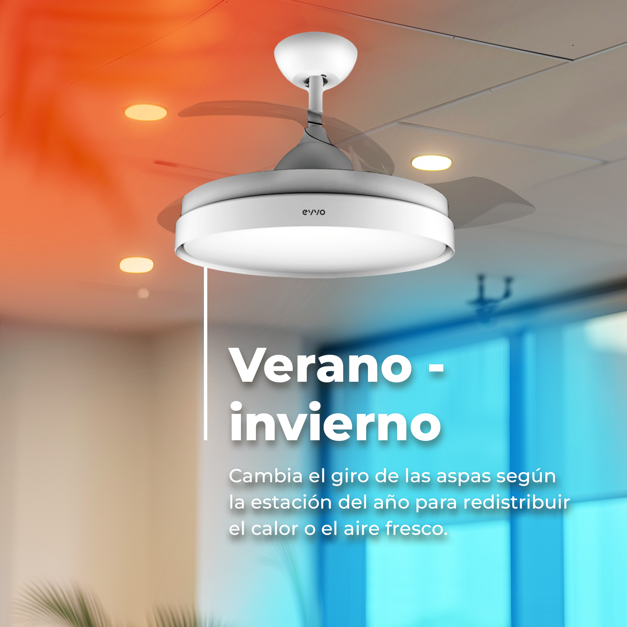 Un ventilatore a soffitto con pale bianche e luce, con testo spagnolo su estate/inverno.