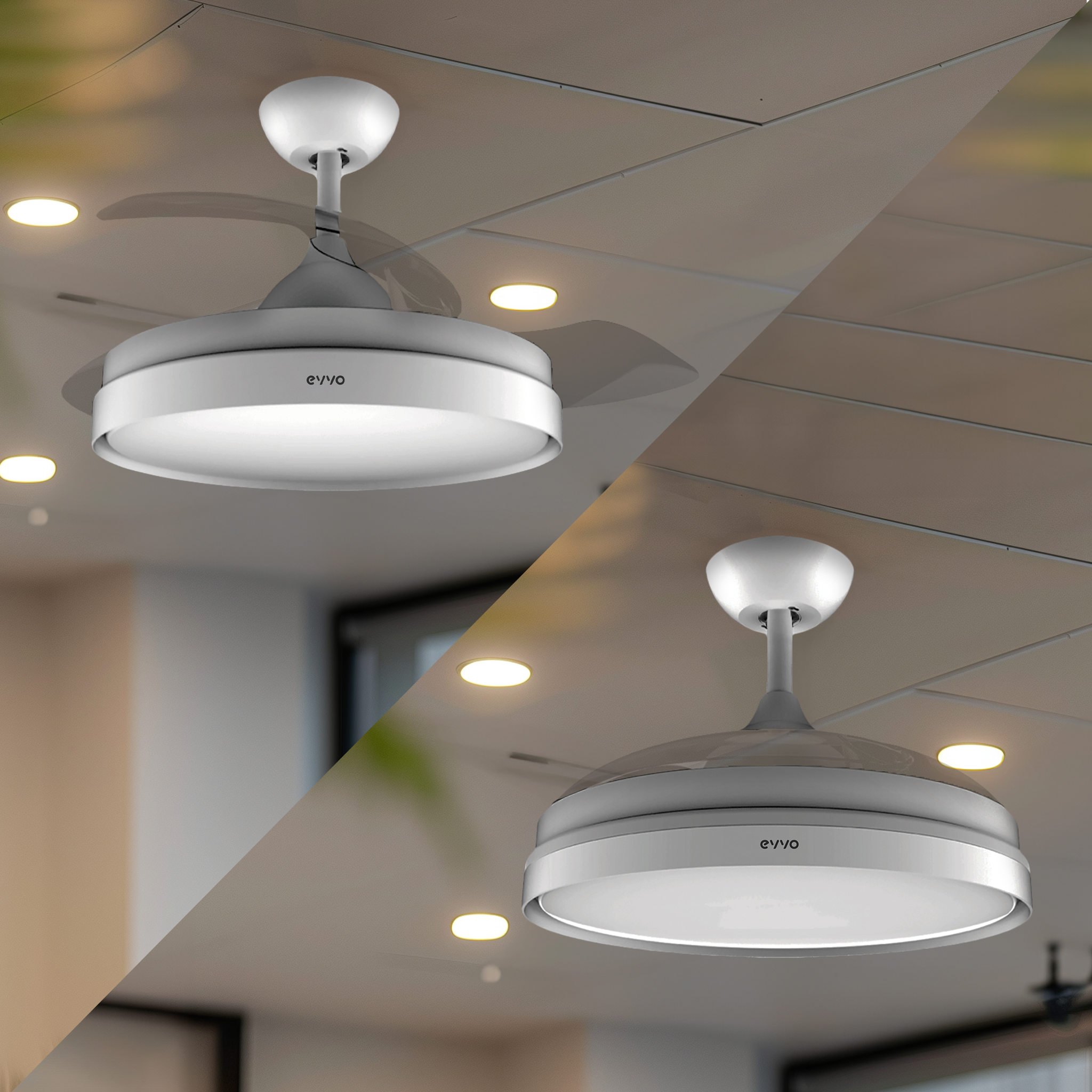 Ventilatore a soffitto con pale bianche e luce, vista divisa che mostra ventola accesa e spenta.