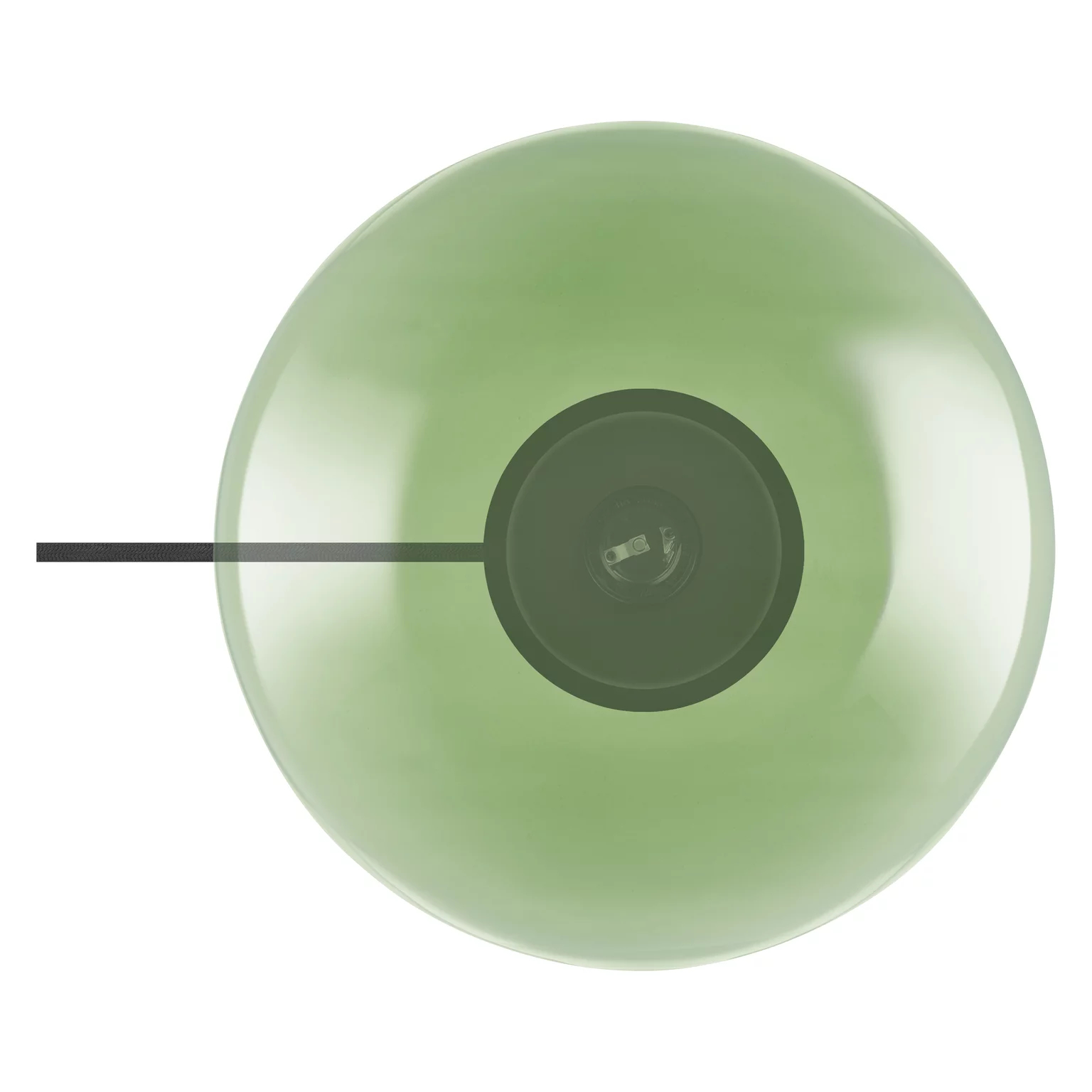 Zielona, okrągła lampa z góry z czarnym przewodem i ciemnym środkiem.