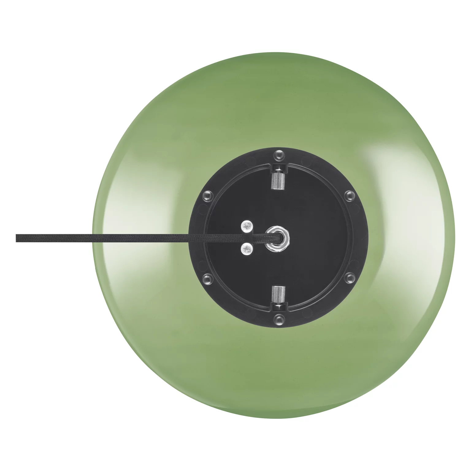 Zielona, okrągła oprawa oświetleniowa sufitowa z czarnym przewodem wychodzącym z niej.