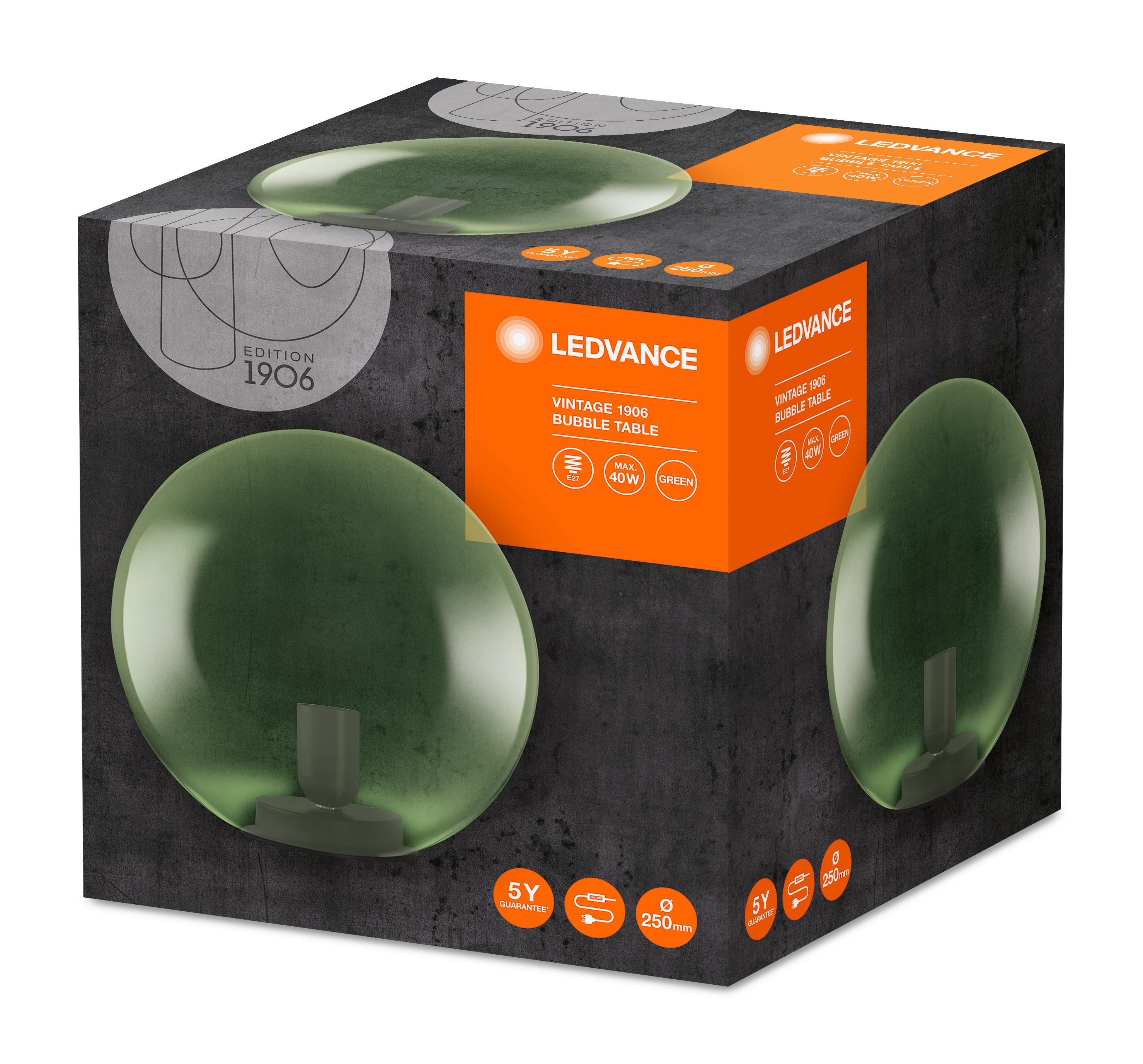 Zielona szklana lampa bąbelkowa z czarną podstawą. Pudełko z obrazem lampy. 5 lat gwarancji, 250 mm.