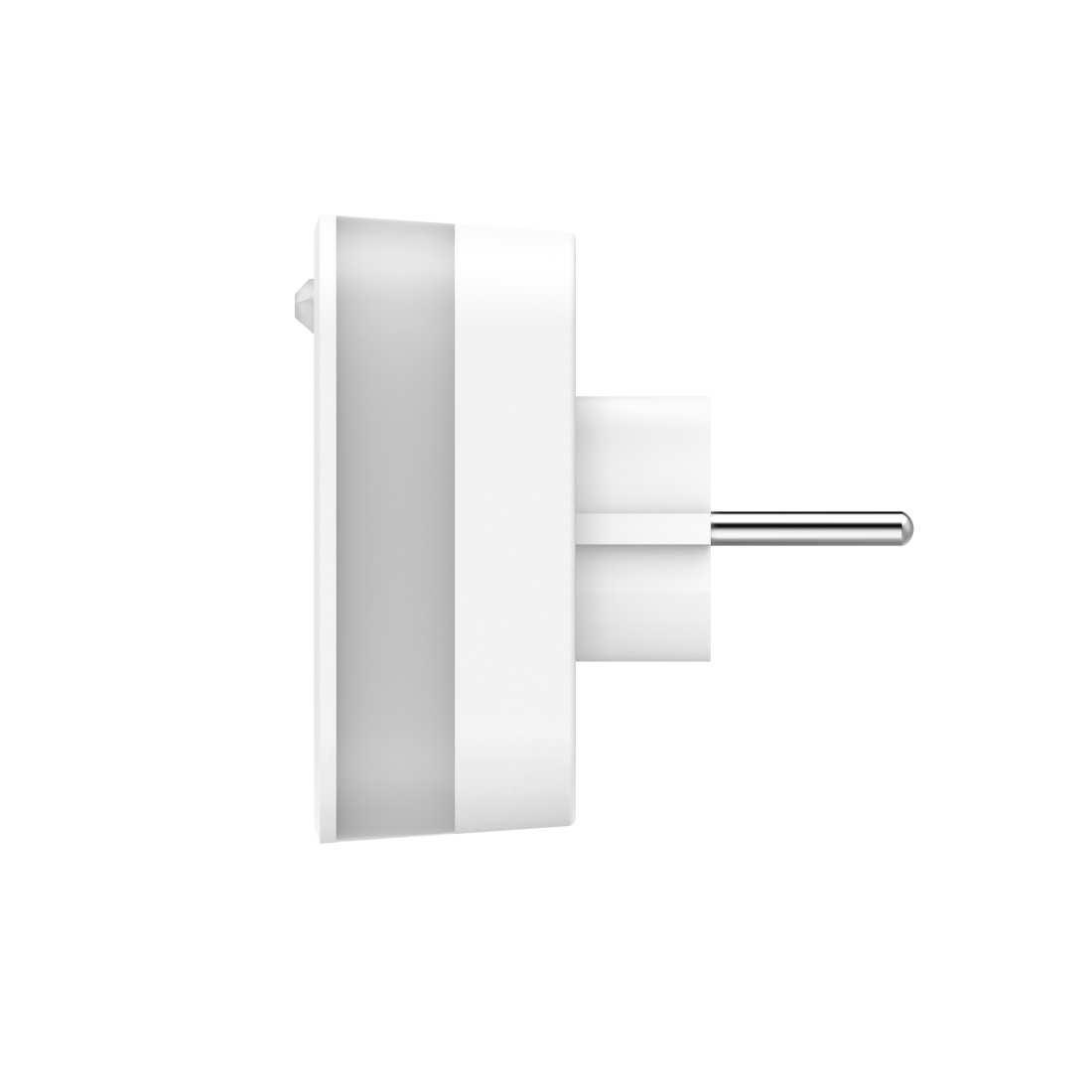 Weißer Steckdosenadapter mit silbernem Stift. Seitenansicht, zeigt die Stifte und das Licht.