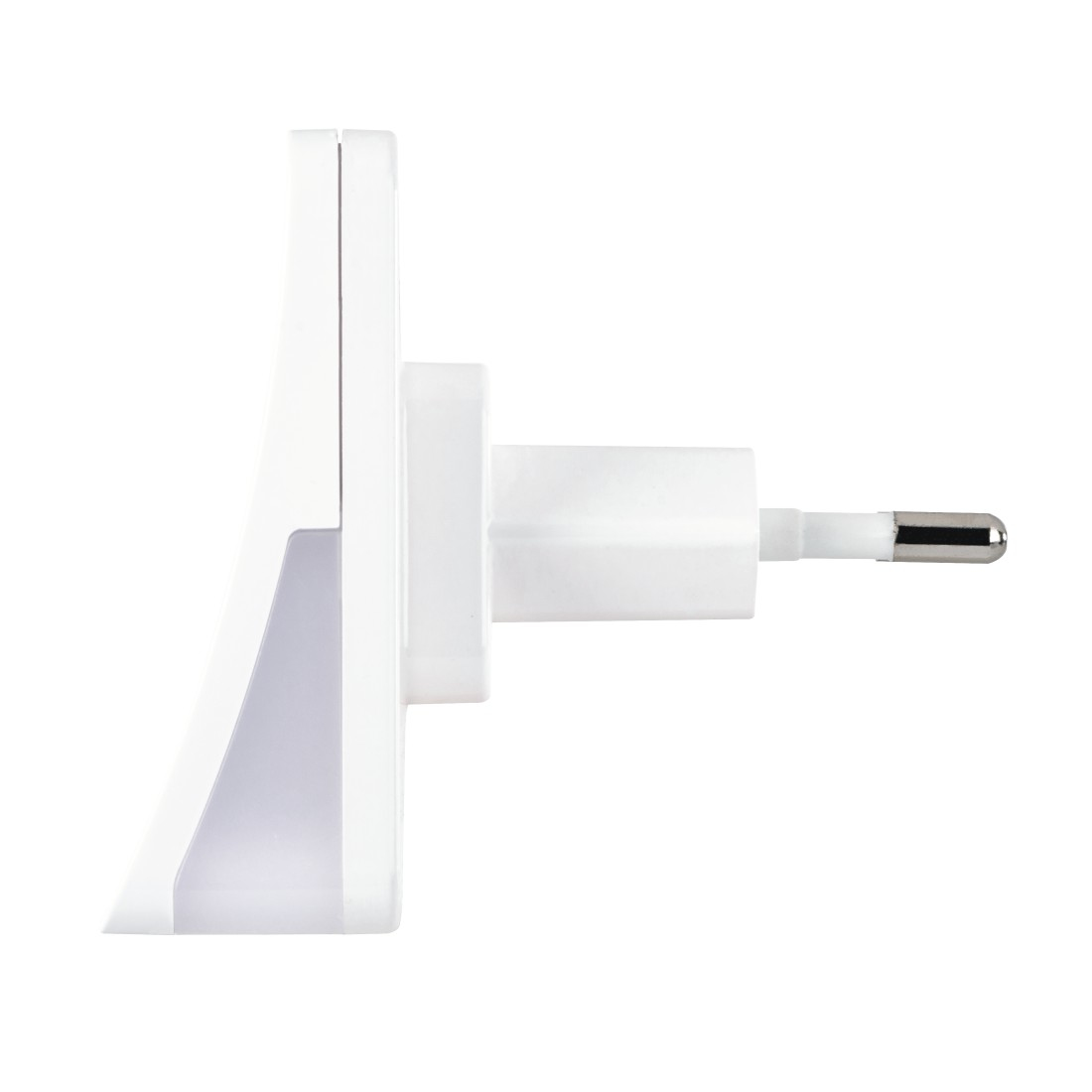 Biała przejściówka do gniazdka. Pokazuje widok z boku, z wtyczką i białym wskaźnikiem światła.