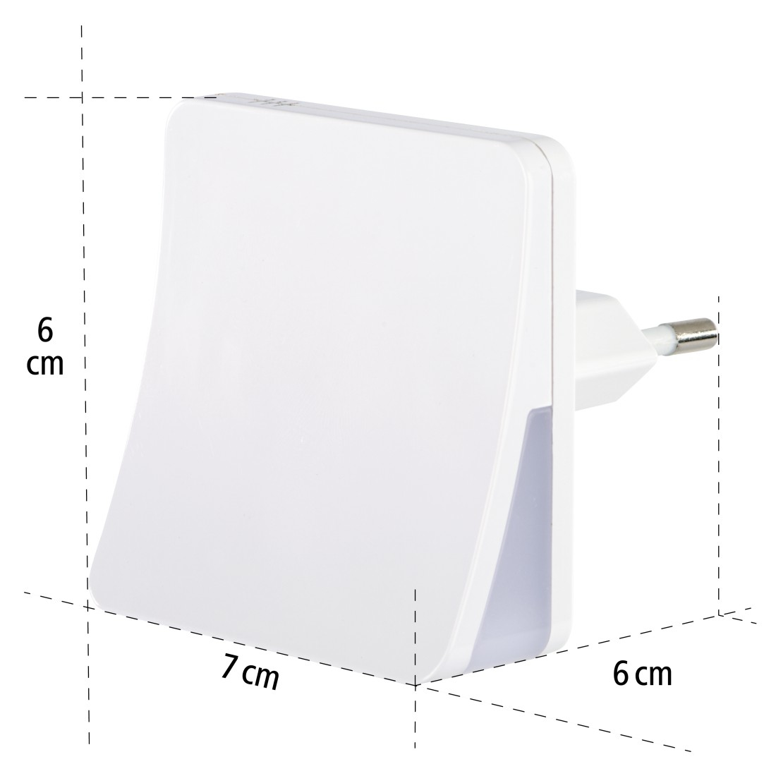Biała, prostokątna lampka nocna wpięta do gniazdka ściennego. Wymiary są pokazane z boku.